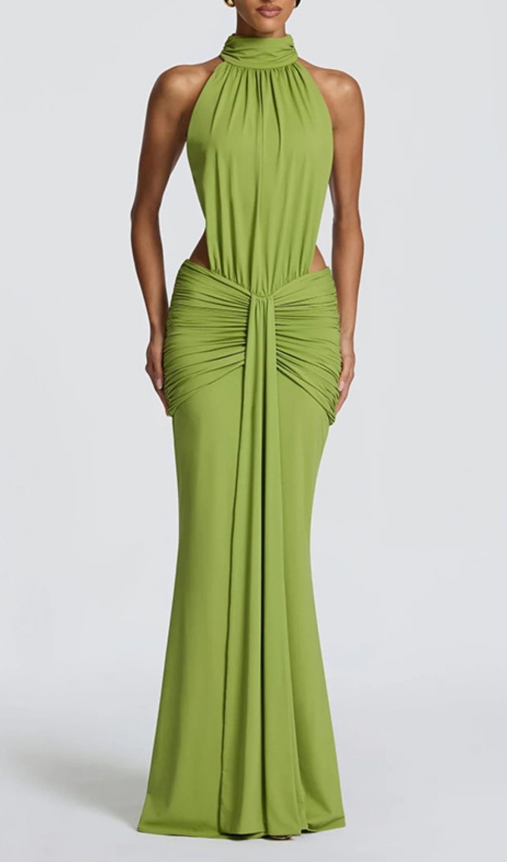 Fashionslee Women Kirya Green Ruched Backless Maxi Dress