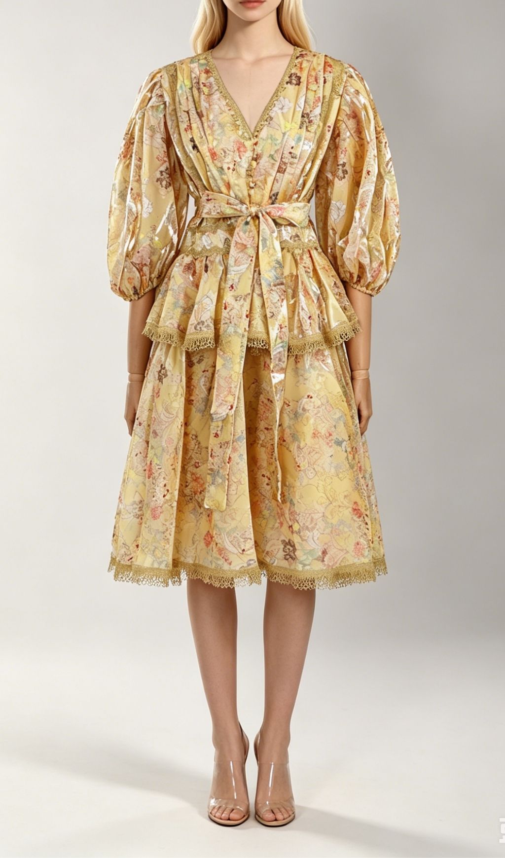 Fashionslee Women Kirra Yellow V-Neck Printed Puff Sleeve Midi Dress