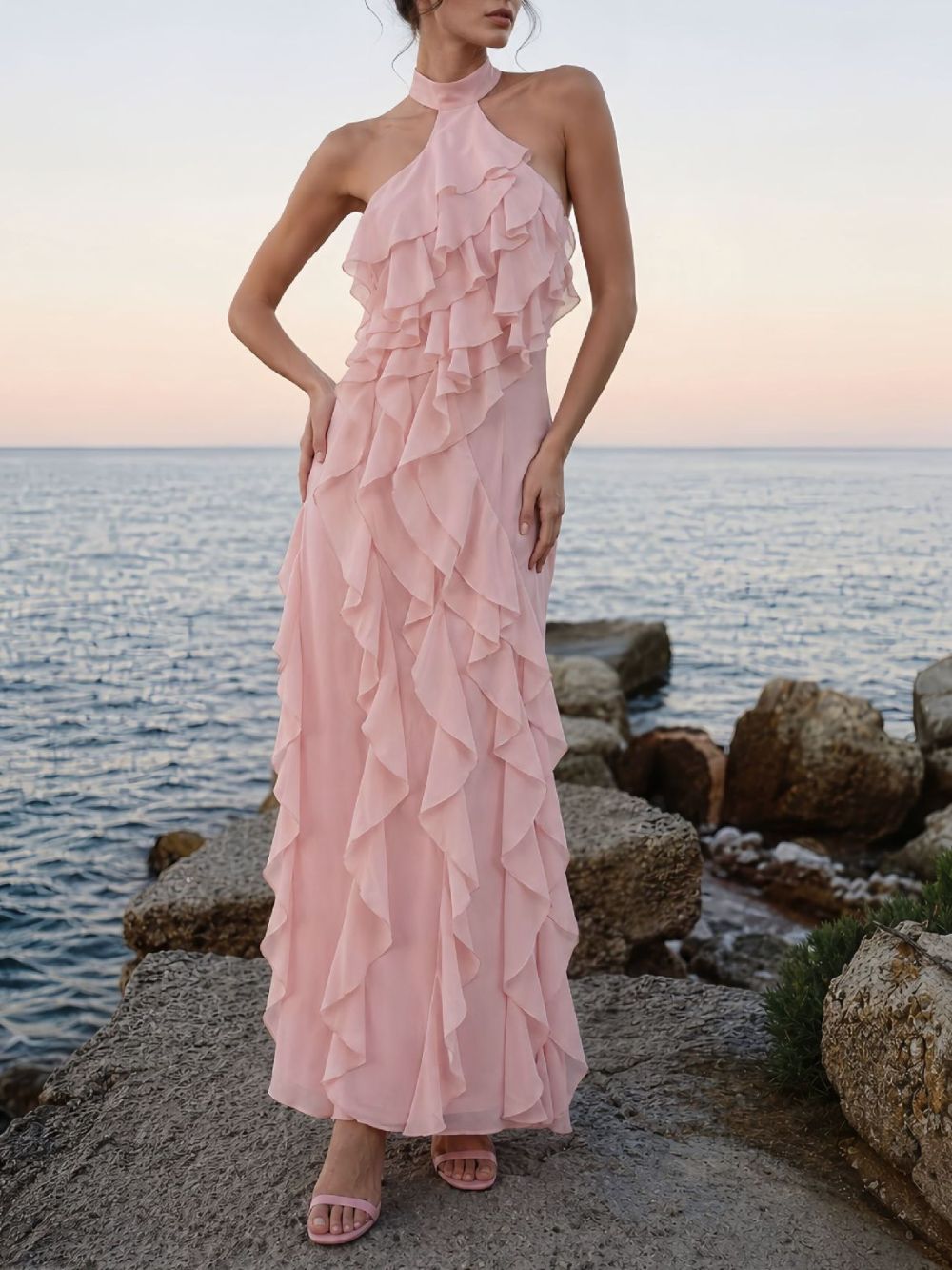 PINK HALTER RUFFLE MAXI DRESS TRENDING - OWNCI PINK HALTER RUFFLE MAXI DRESS TRENDING - OWNCI