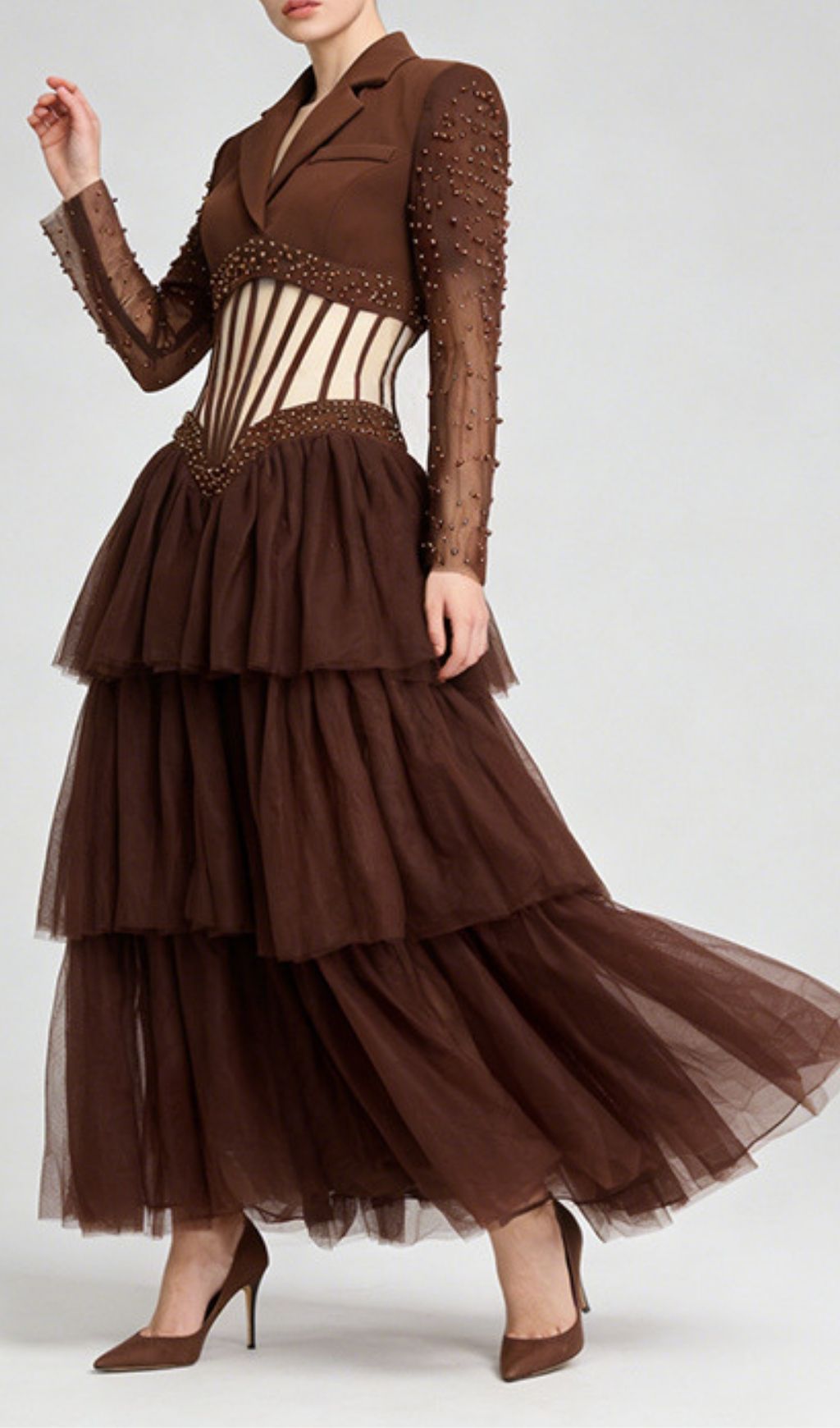 Fashionslee Women Kaysar Coffee Beaded Corset Mesh Maxi Dress