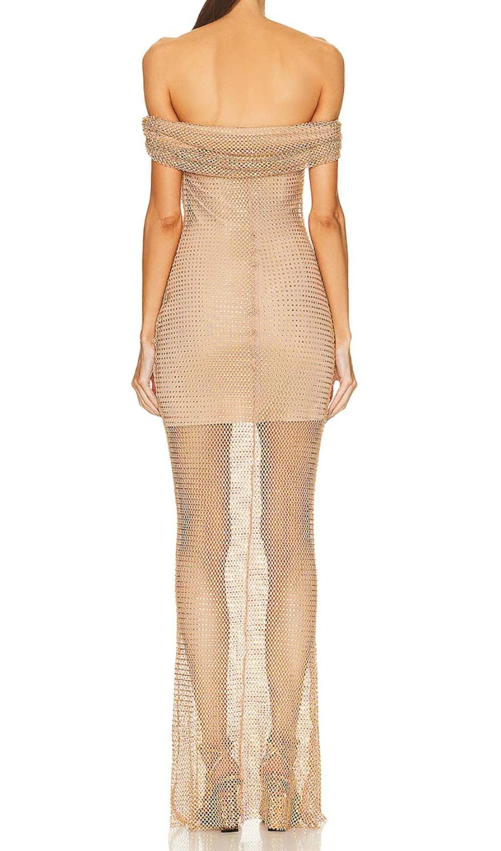 Fashionslee Women Rhinestone Off Shoulder Fishnet Maxi Dress In Brown