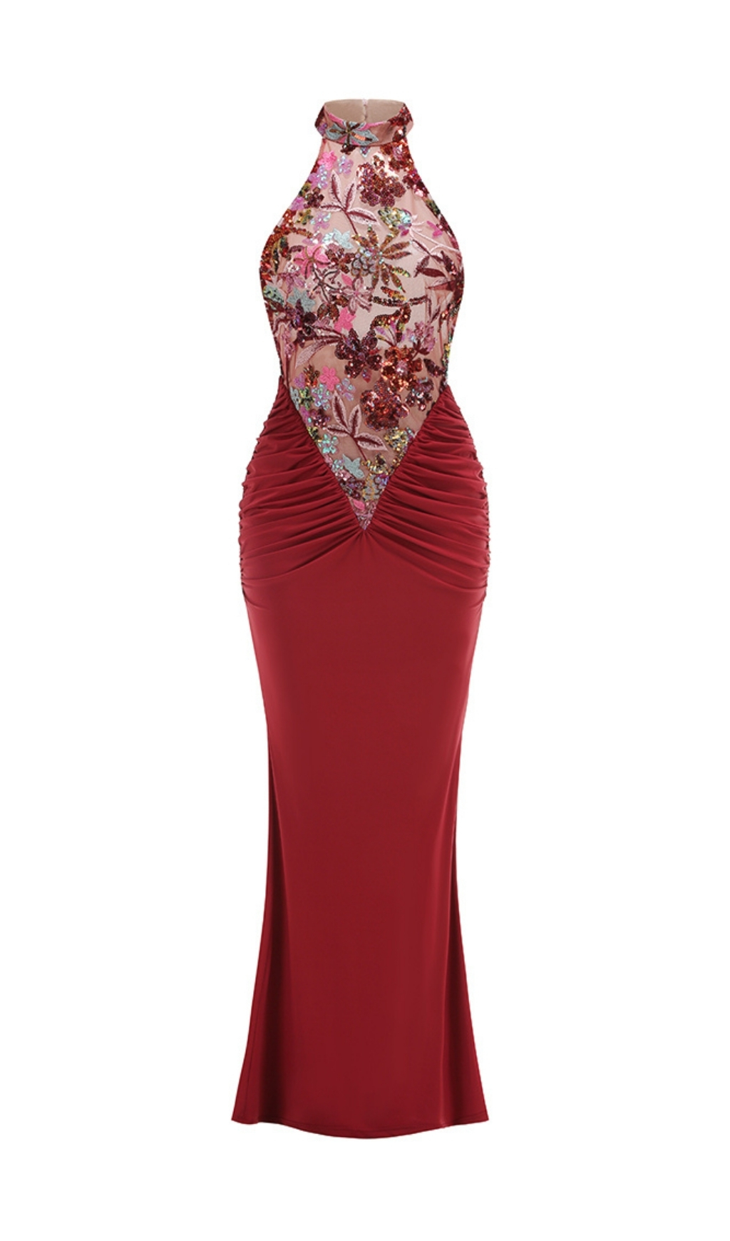 Fashionslee Women Dusha Red Halter Flower Ruched Maxi Dress