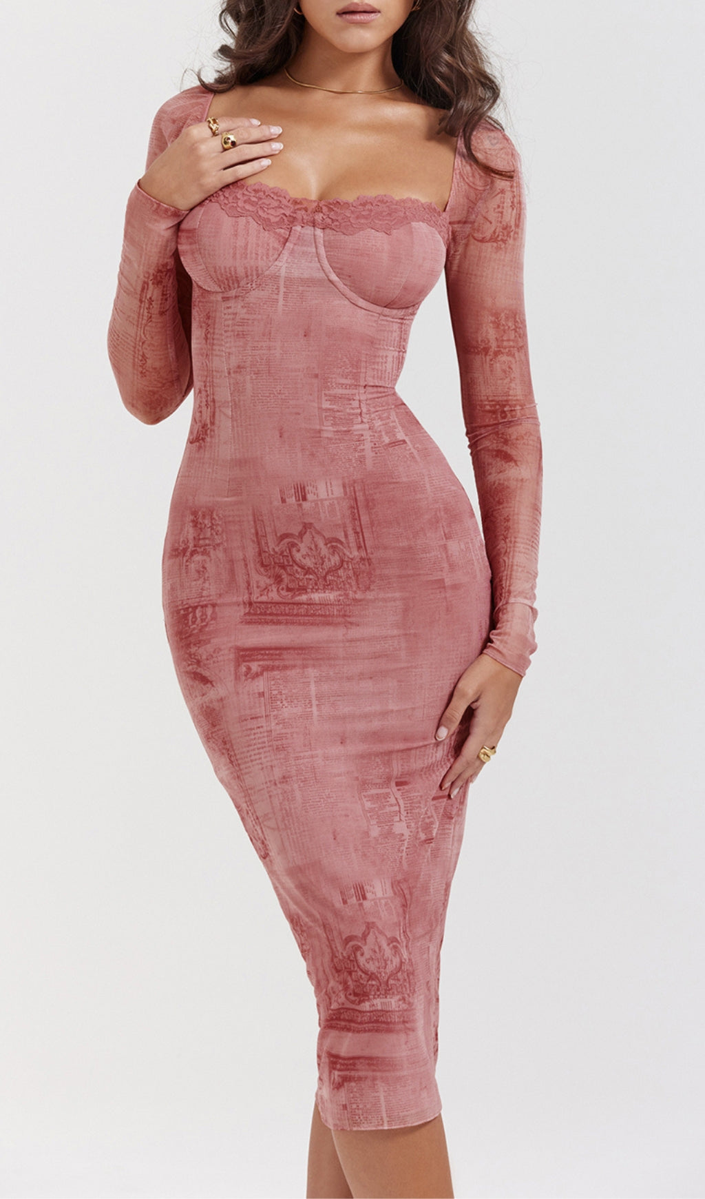 Fashionslee Women Printed Lace Up Midi Dress In Pink
