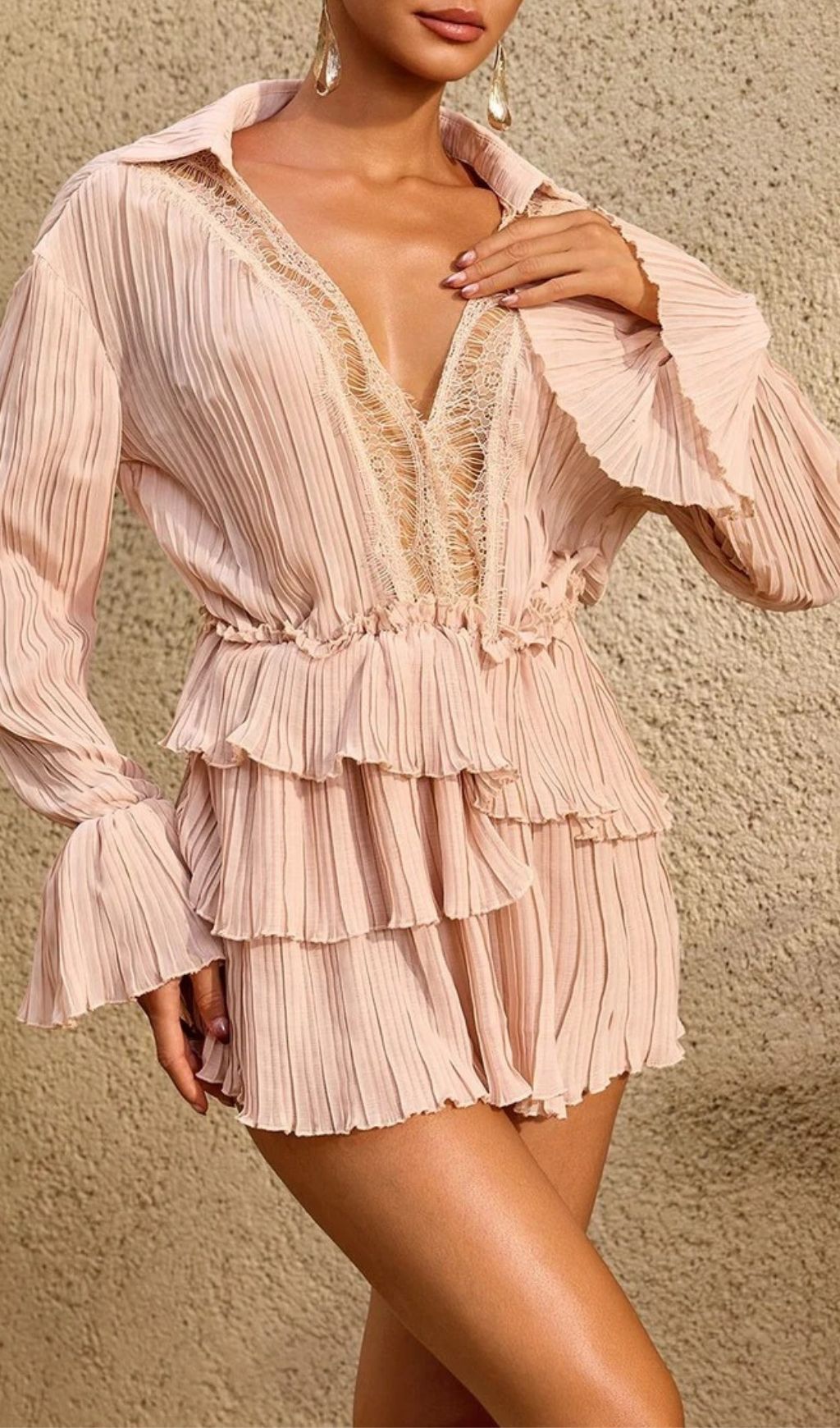 Fashionslee Women Lorthane Plunge Neck Pleated Tiered Mini Dress