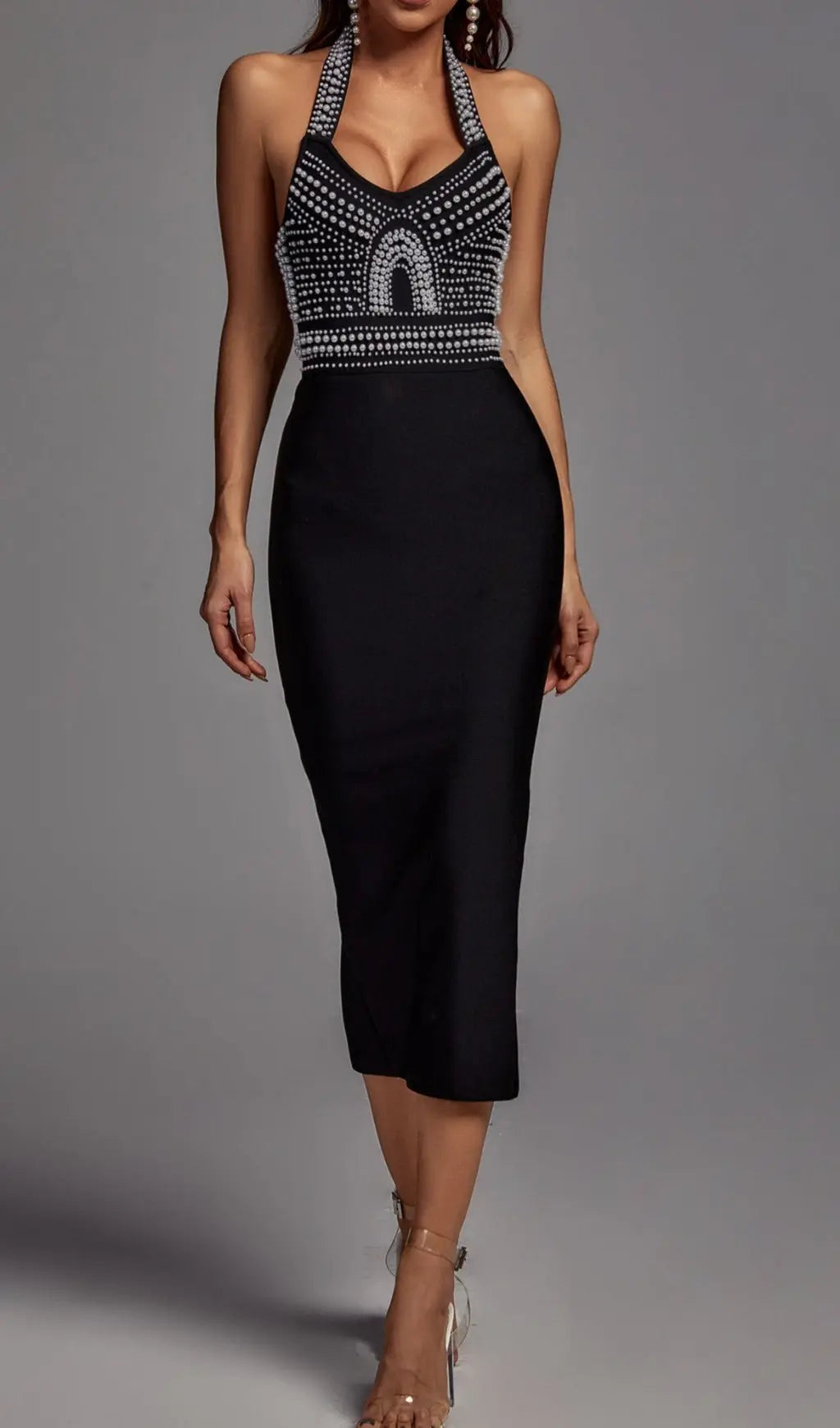 Fashionslee Women Black Pearl Halter Bandage Midi Dress