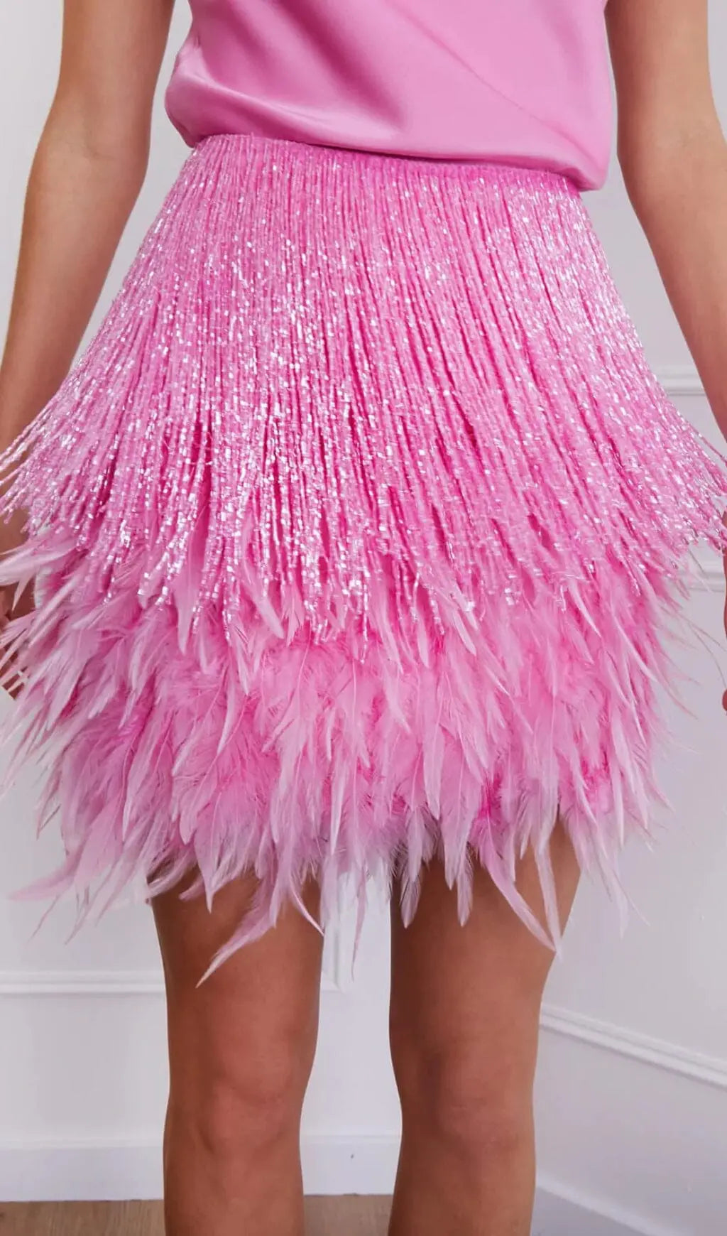 Fashionslee Women Shiny Fringe Feather Mini Dress In Pink