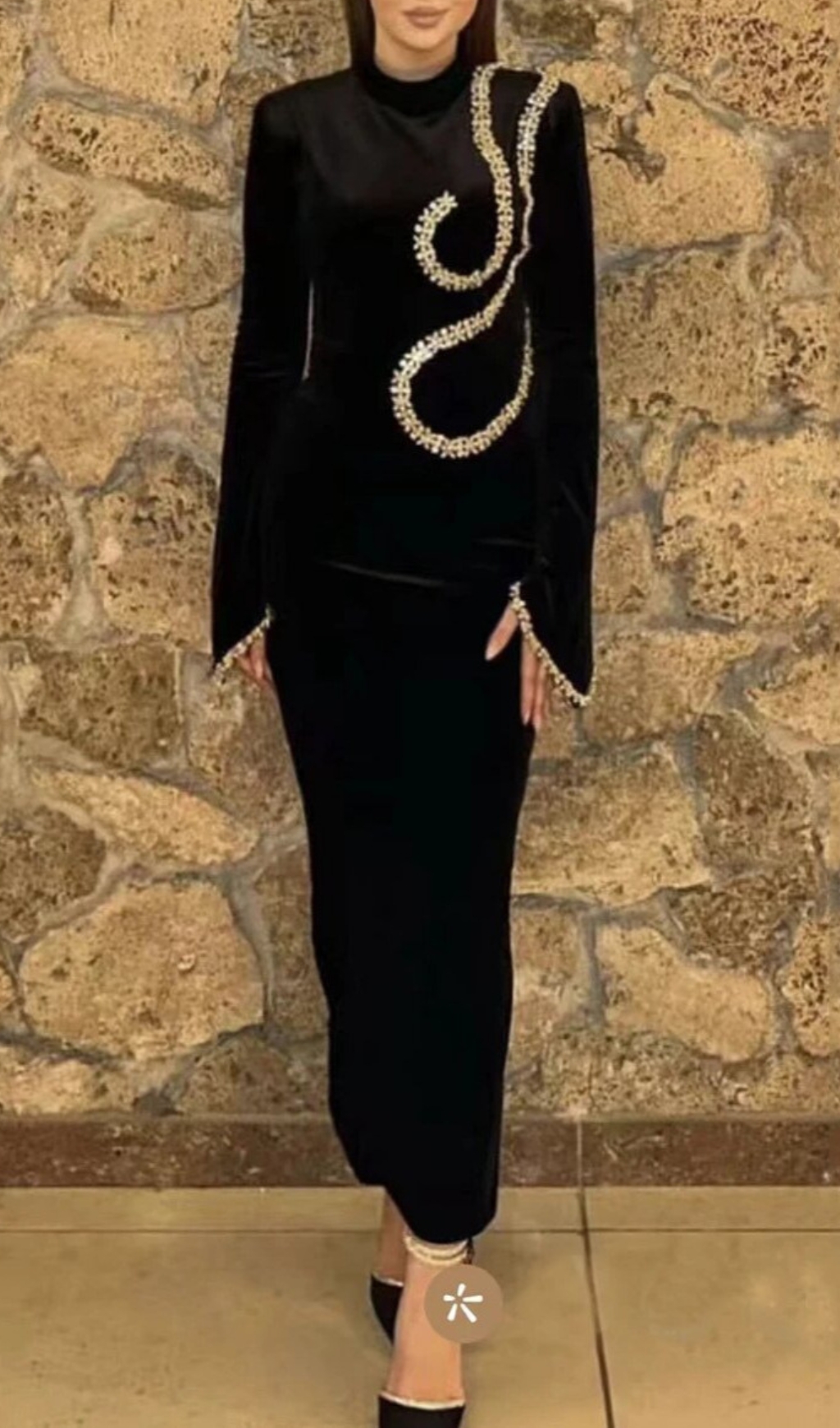 Fashionslee Women Bronagh Black Long Sleeve Crystal Embellished Midi Dress