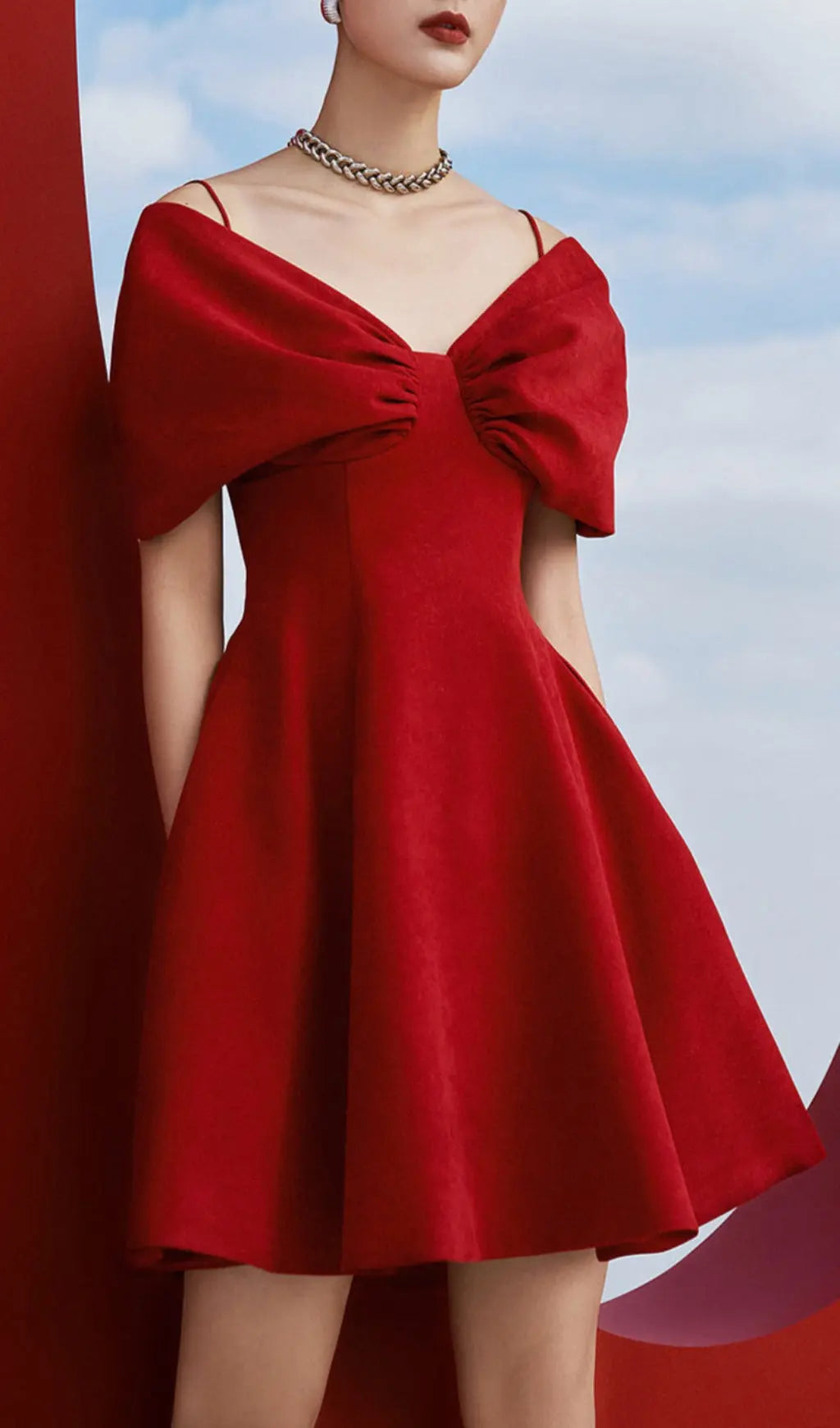 Fashionslee Women Red Off Shoulder Pleated A Line Dress