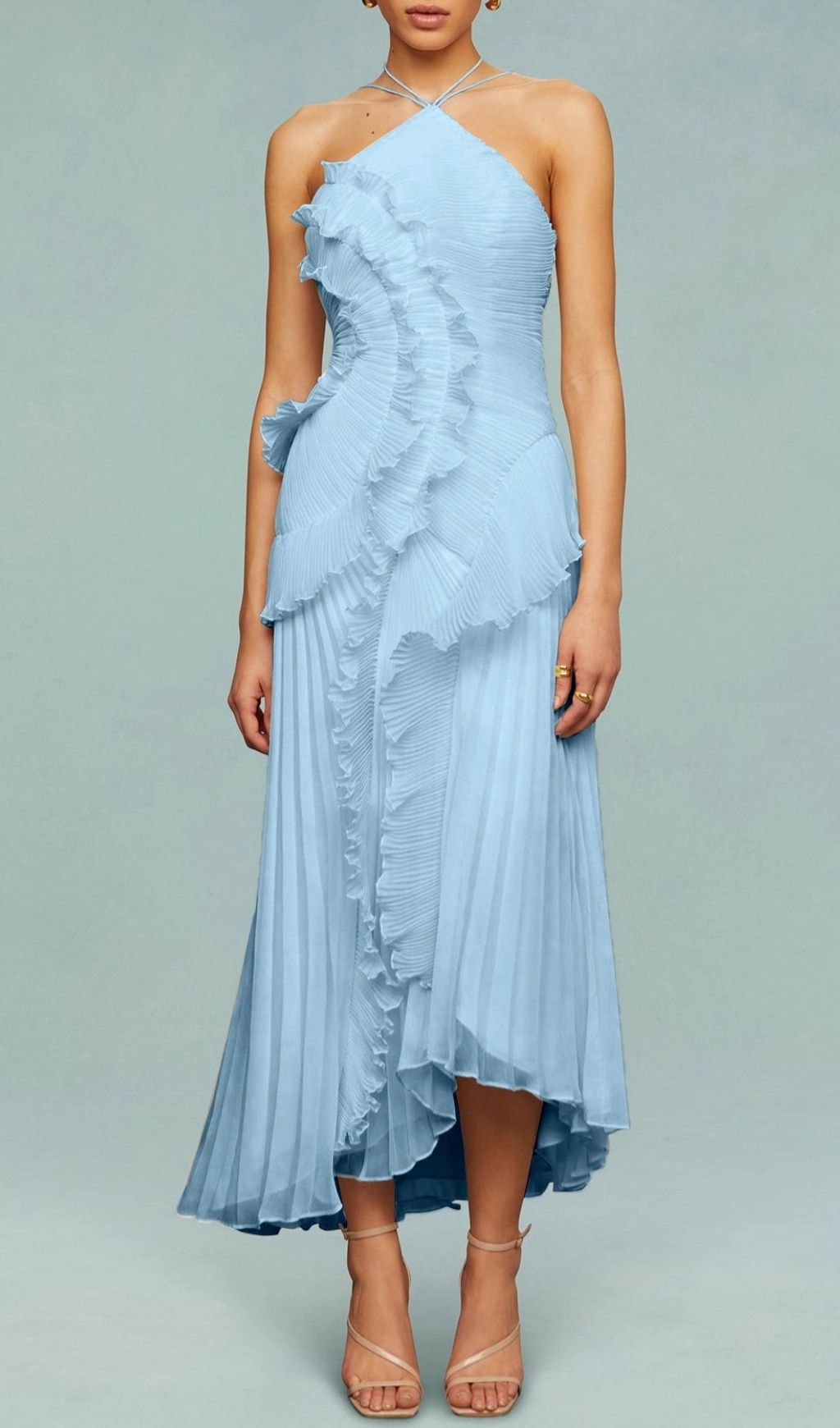 Fashionslee Women Finneas Blue Halter Pleated Maxi Dress