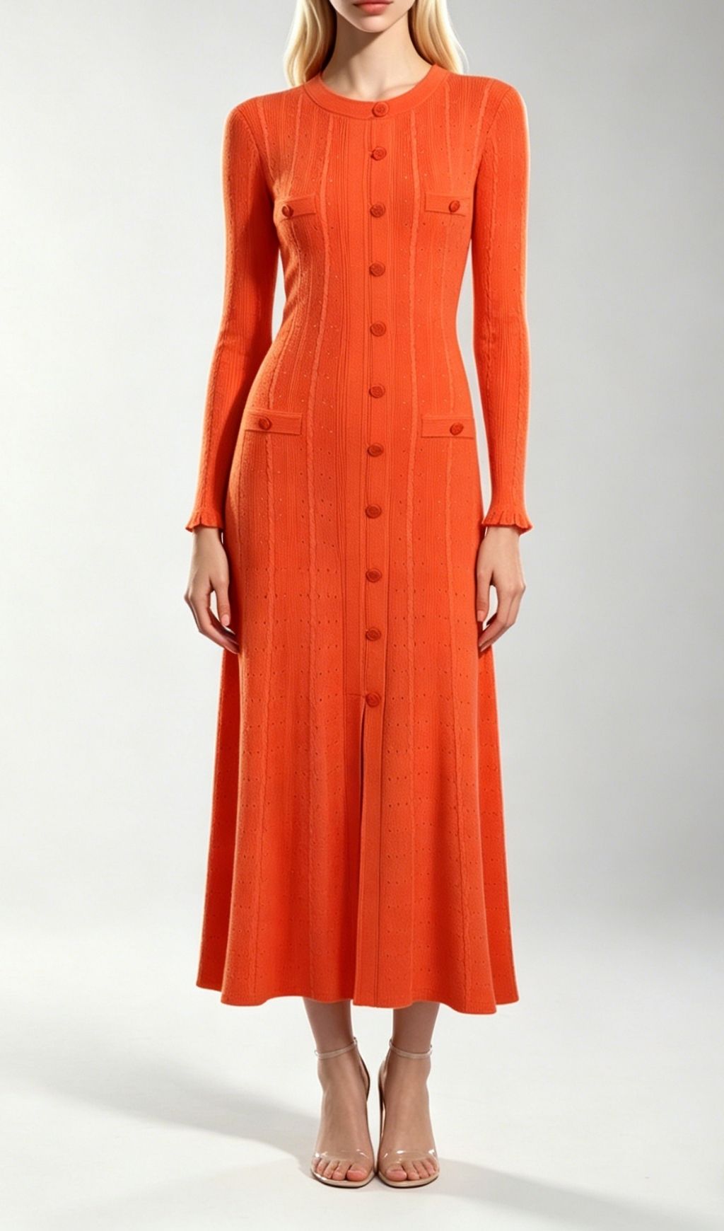 Fashionslee Women Kilenya Orange Knit Long Sleeve Midi Dress