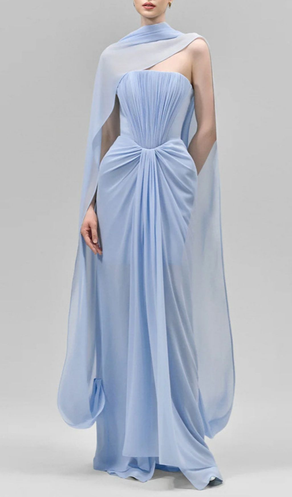24b30276f92991582fe8a0909d51df43.jpg Fashionslee Women Kayley Blue Strapless Pleated Maxi Dress With Shawl