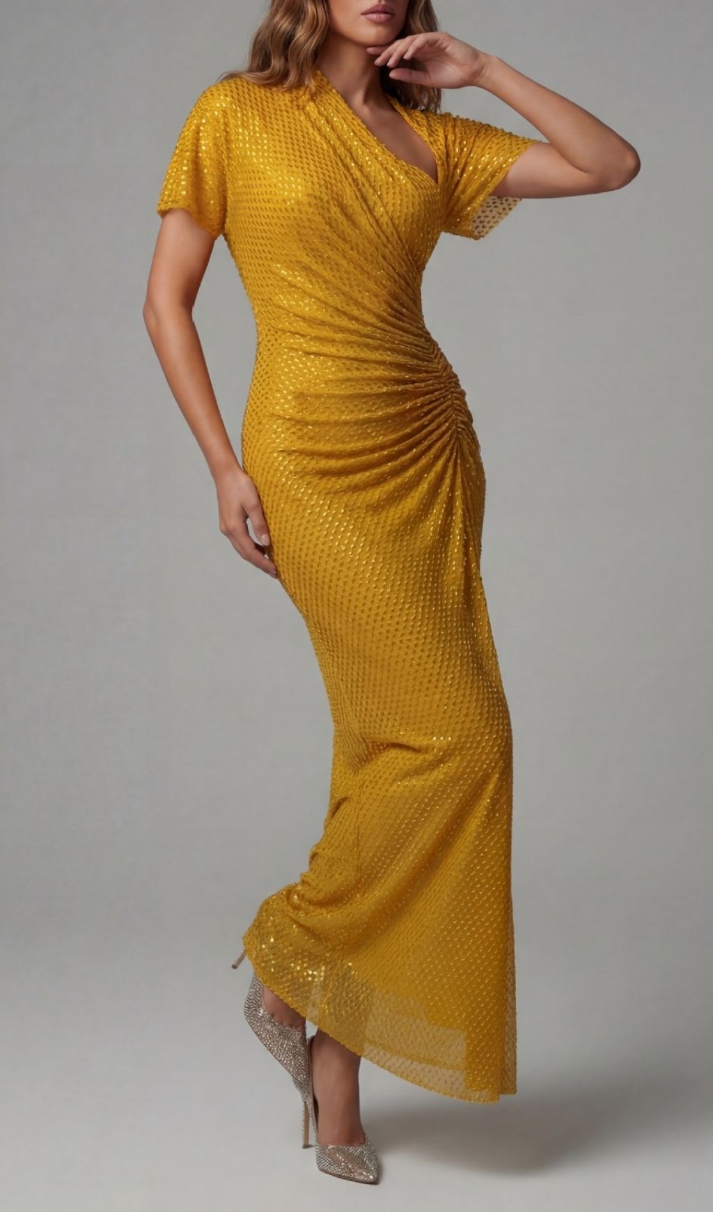 24bec7bc5da3e963b97c40bc316ec06a.jpg Fashionslee Women Kennedy Wheat Crystal Ruched Maxi Dress