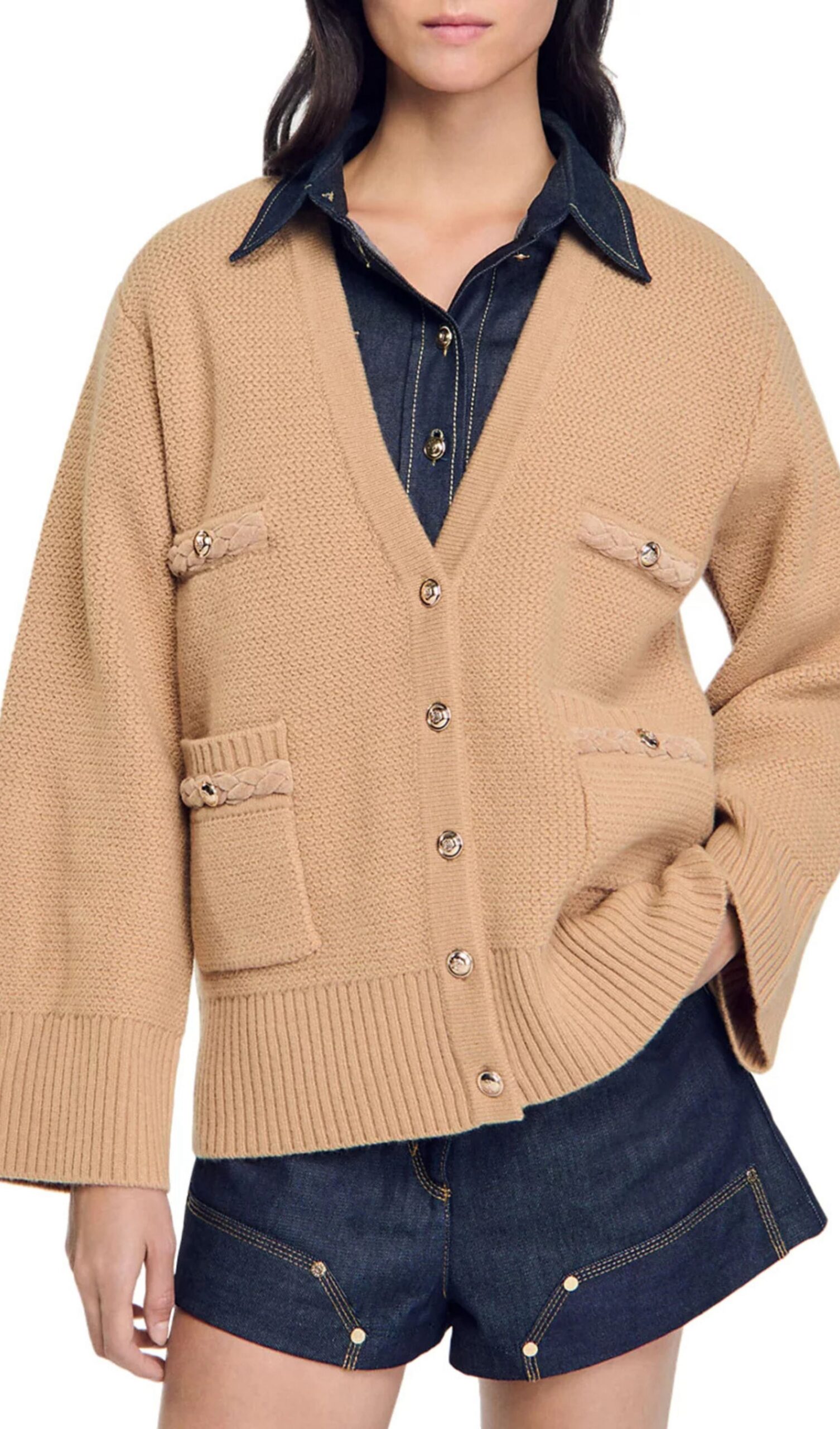 Fashionslee Women Martie Camel Flared Sleeve Cardigan