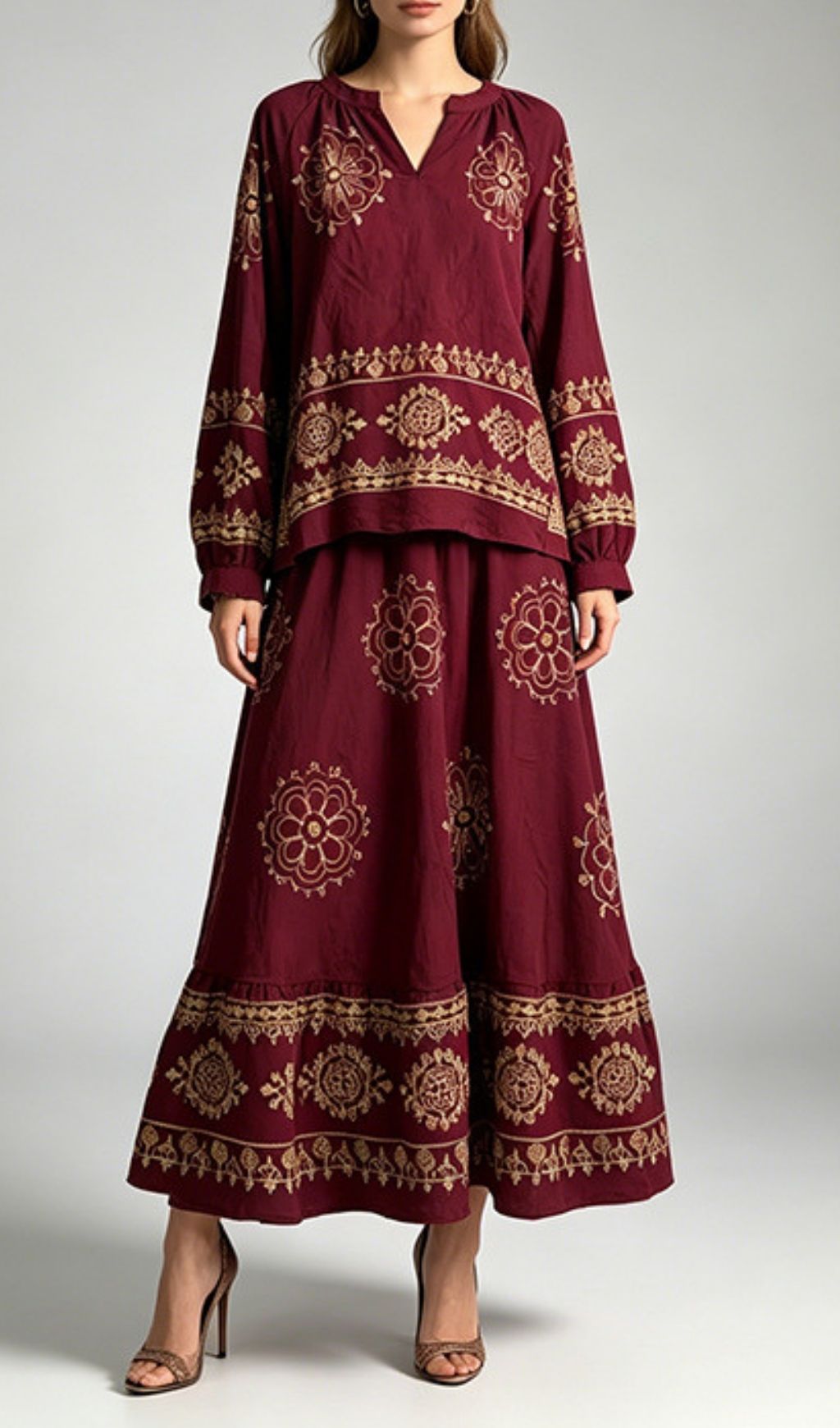 Fashionslee Women Klair Wine Printed Two-Piece Skirt Set