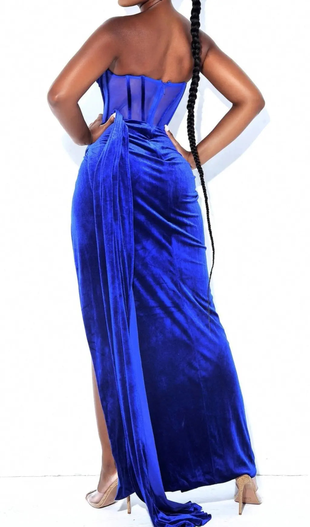 Fashionslee Women Blue Corset Velvet Slit Maxi Dress