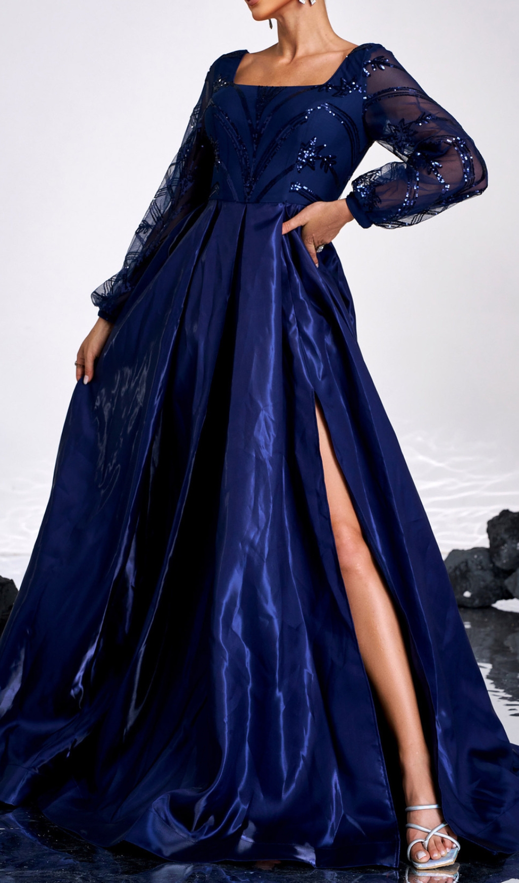 25111efcb99250b6c3ce3d480b0c3dd0.jpg Fashionslee Women Cruise Blue Long Sleeve Square Neck Maxi Dress