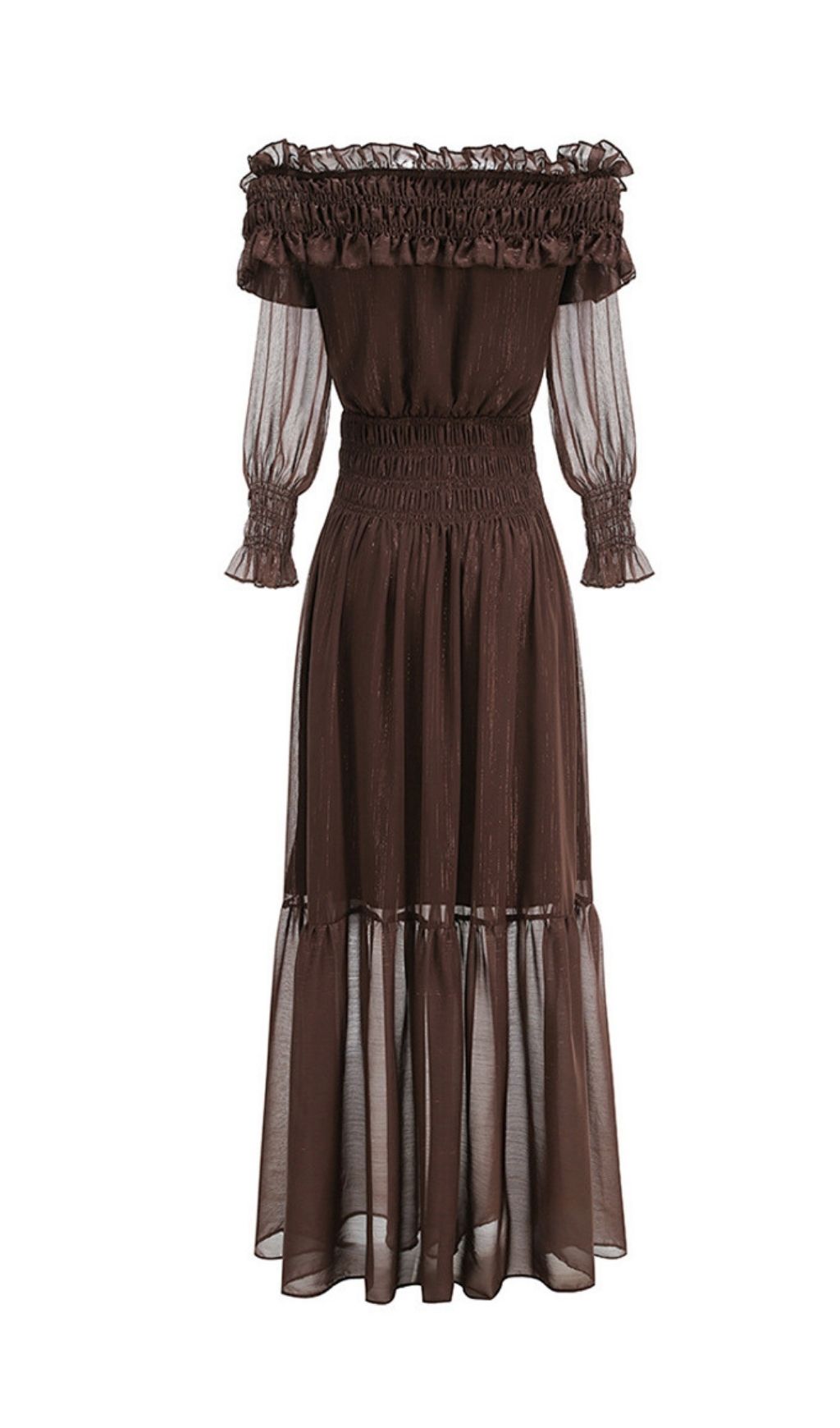 25a302ad4c7568cdd33d71c7c373b160.jpg Fashionslee Women Tiffany Brown Off-shoulder Maxi Dress with Ruched Trim