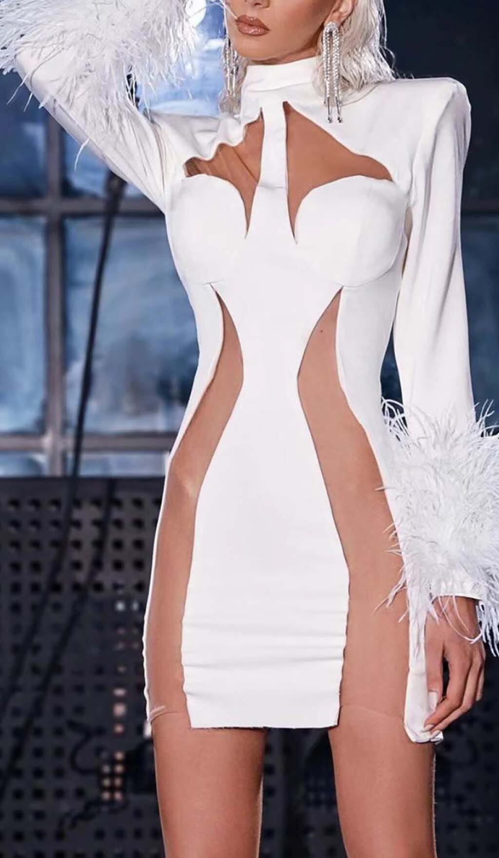 Fashionslee Women Feather Bandage Mini Dress-White