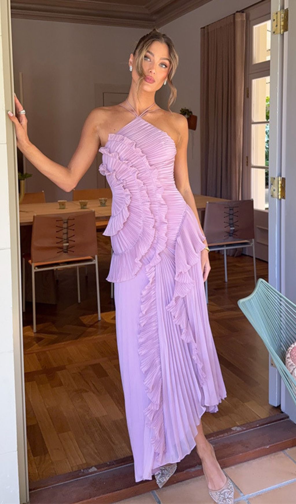Fashionslee Women Finneas Purple Halter Pleated Maxi Dress