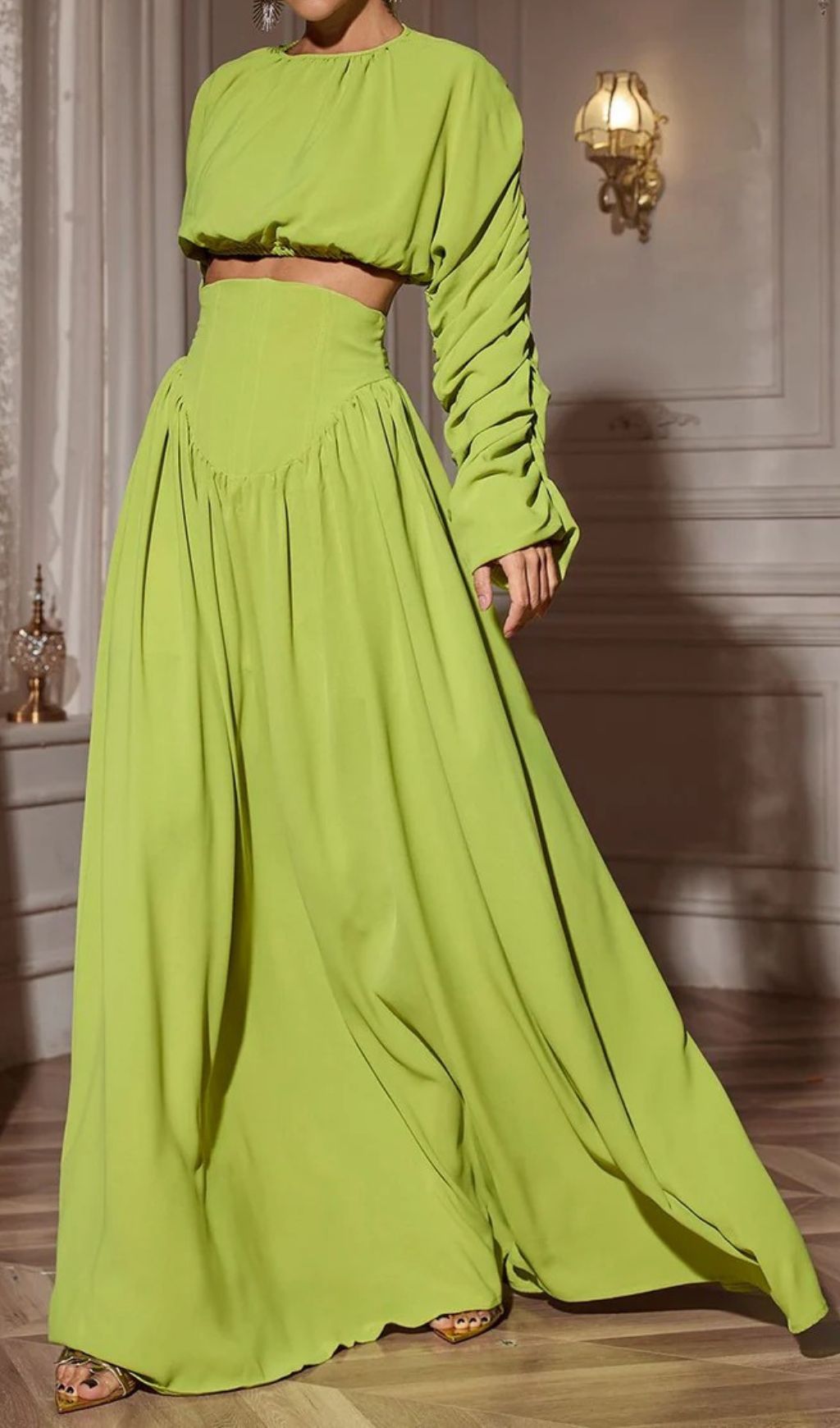 25f07f04dadb17aeeb0577841b3a6888.jpg Fashionslee Women Cricket Green Long Sleeve Ruched Skirt Set