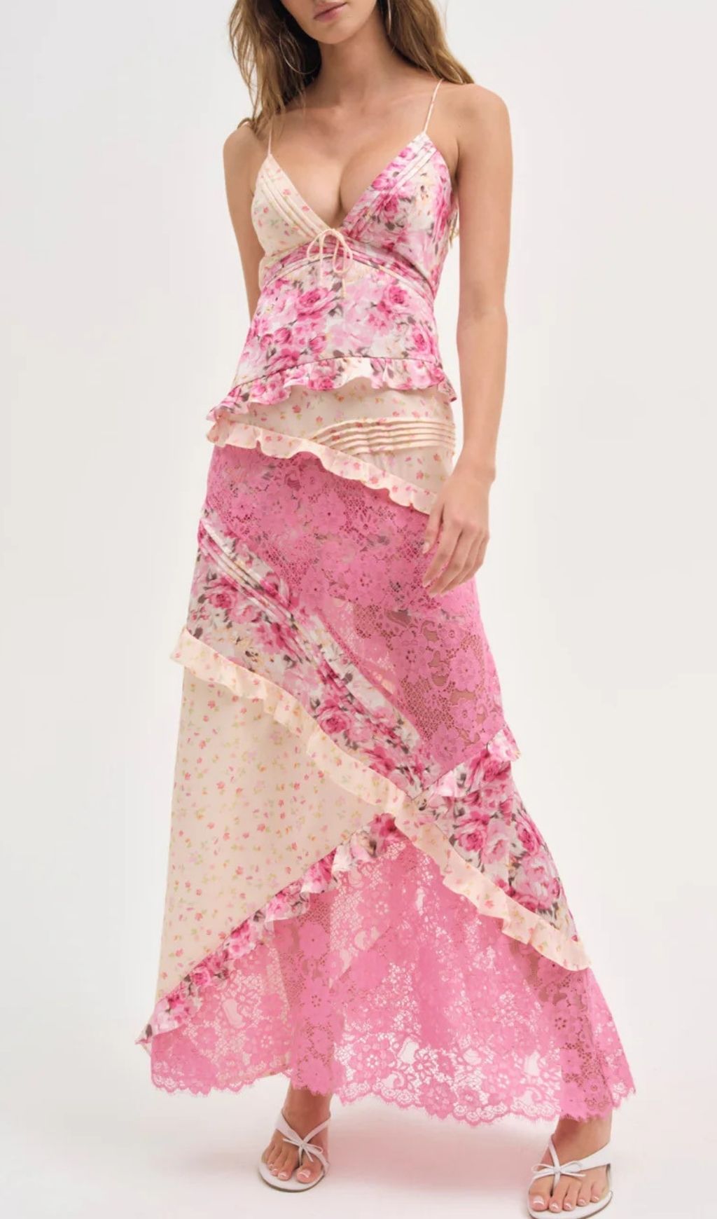 Fashionslee Women Georgia Coral Red V Neck Floral Print Lace Maxi Dress