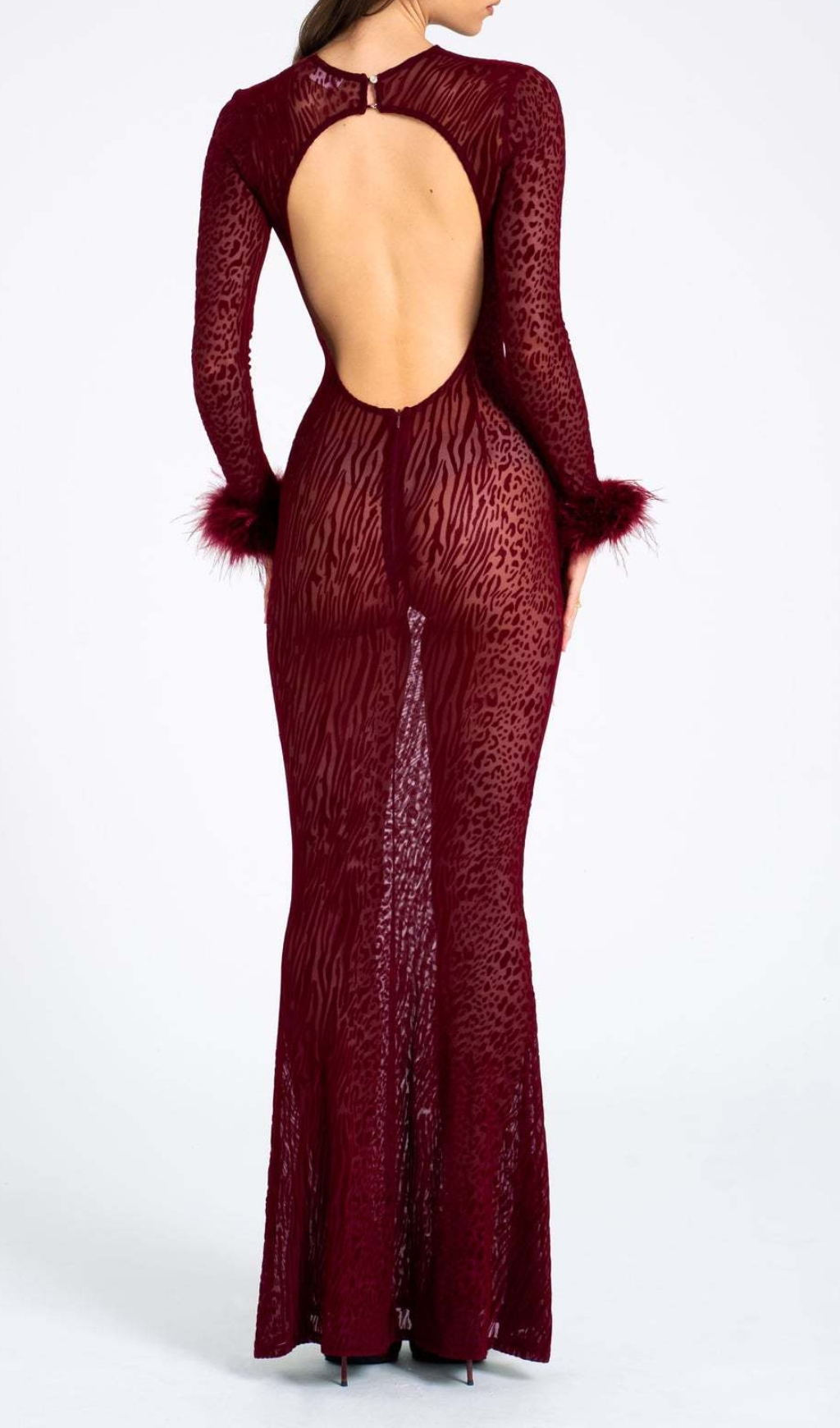 Fashionslee Women Cascata Wine Mesh Feather Maxi Dress