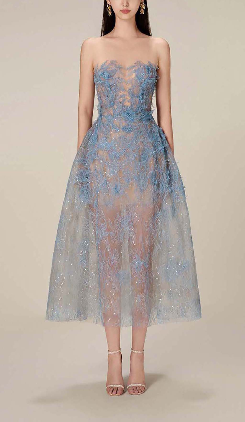 Fashionslee Women Allyson Blue Floral Lace Embroider Midi Dress
