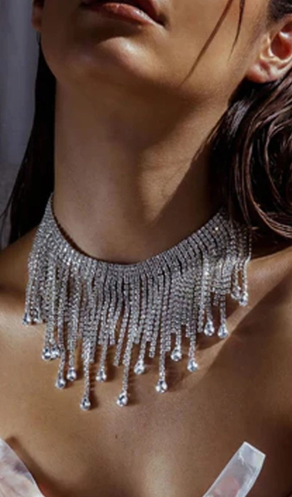 Fashionslee Women Silver Choker Diamante Tassel Necklace