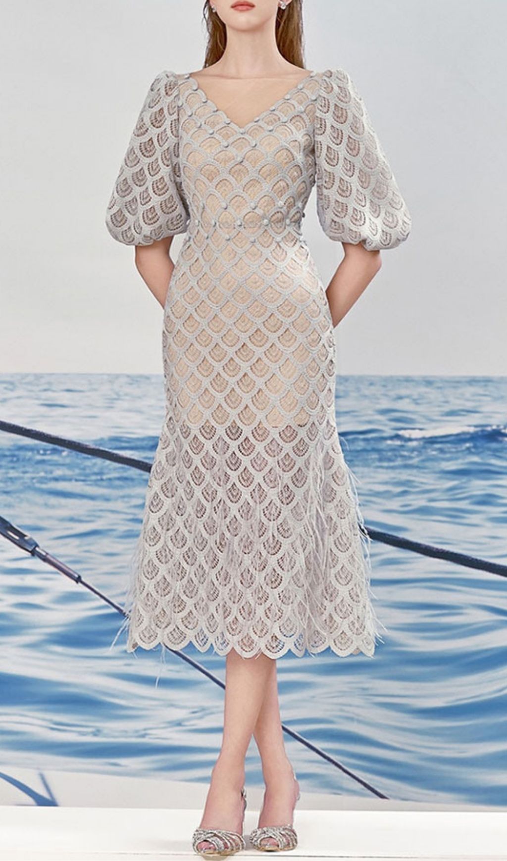 Fashionslee Women Ciara Puff Sleeve Lace Midi Dress