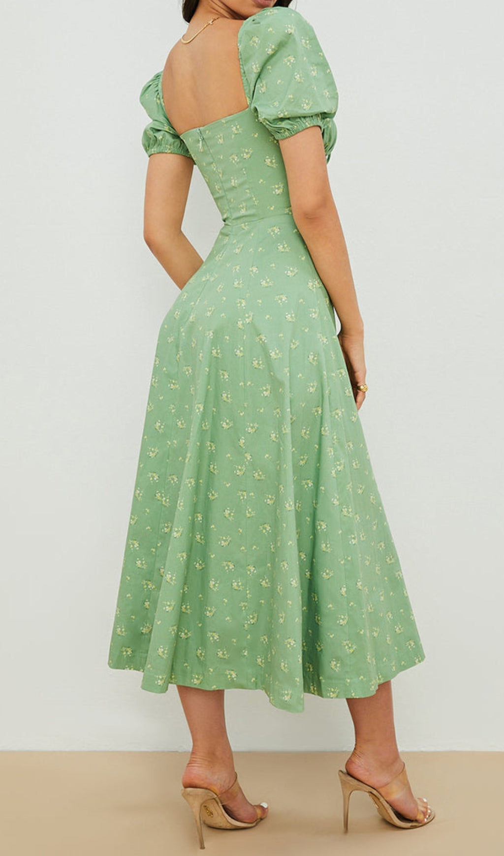 Fashionslee Women Vintage Floral Puff Sleeve Midi Dress In Green