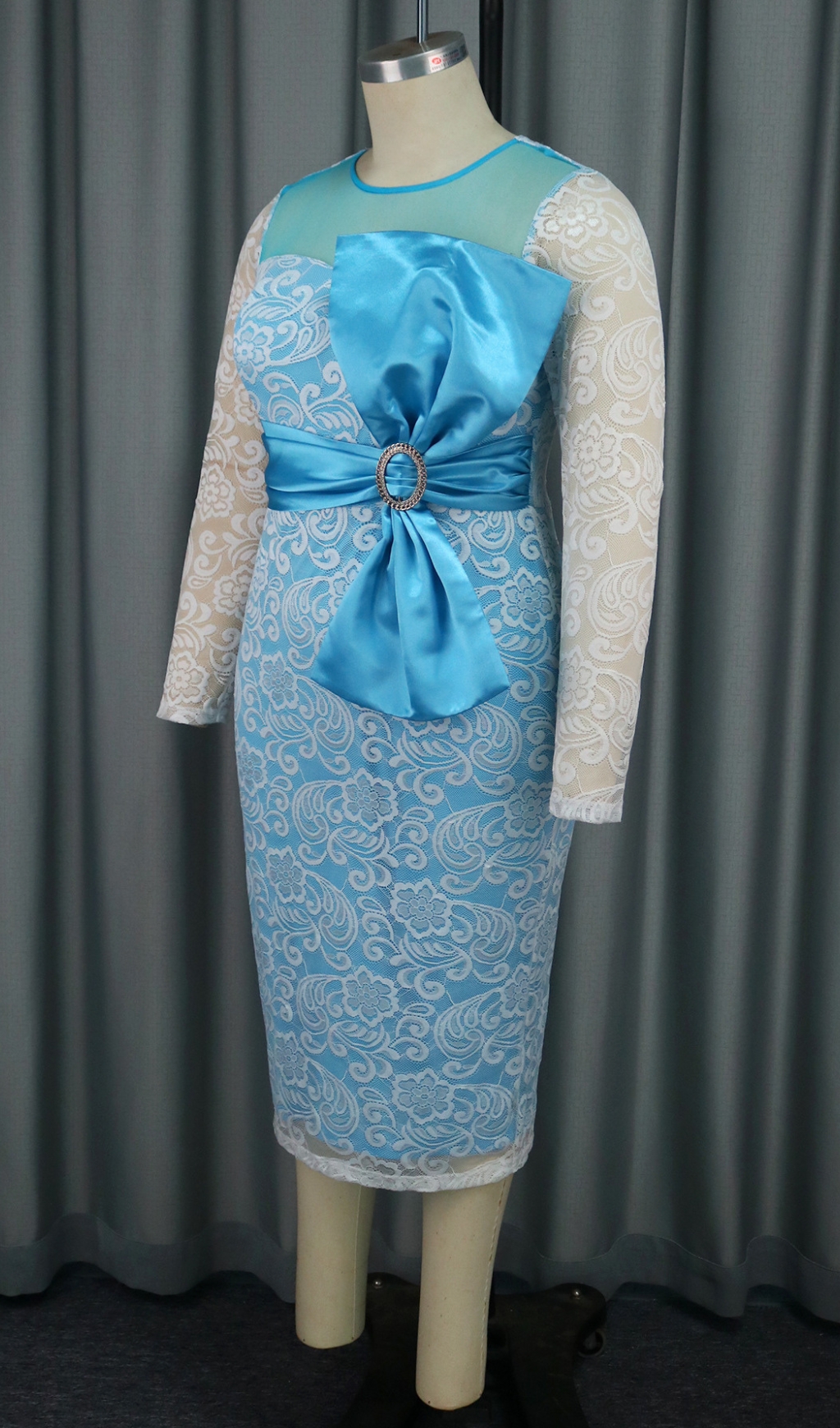 26c93e286fa9d514548ca24a6a46e209.jpg Fashionslee Women Baila Blue Bow Lace Long Sleeve Midi Dress