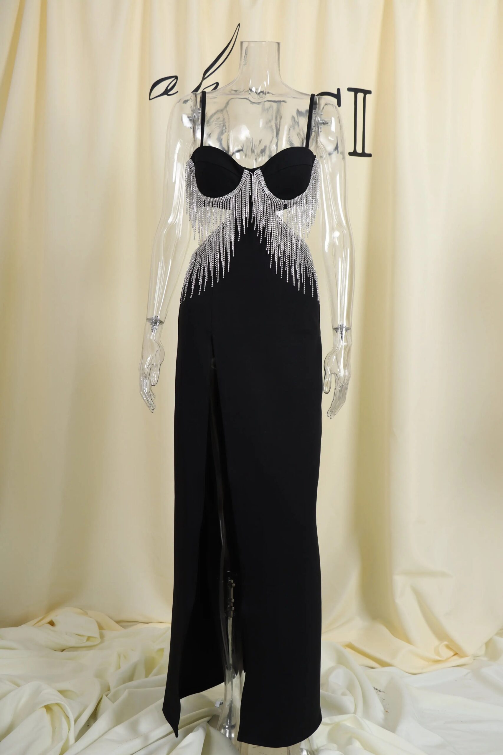 2716093fbb8b171a4f35c445f0f26762.jpeg Fashionslee Women Black Diamond Tassel Slit Maxi Dress