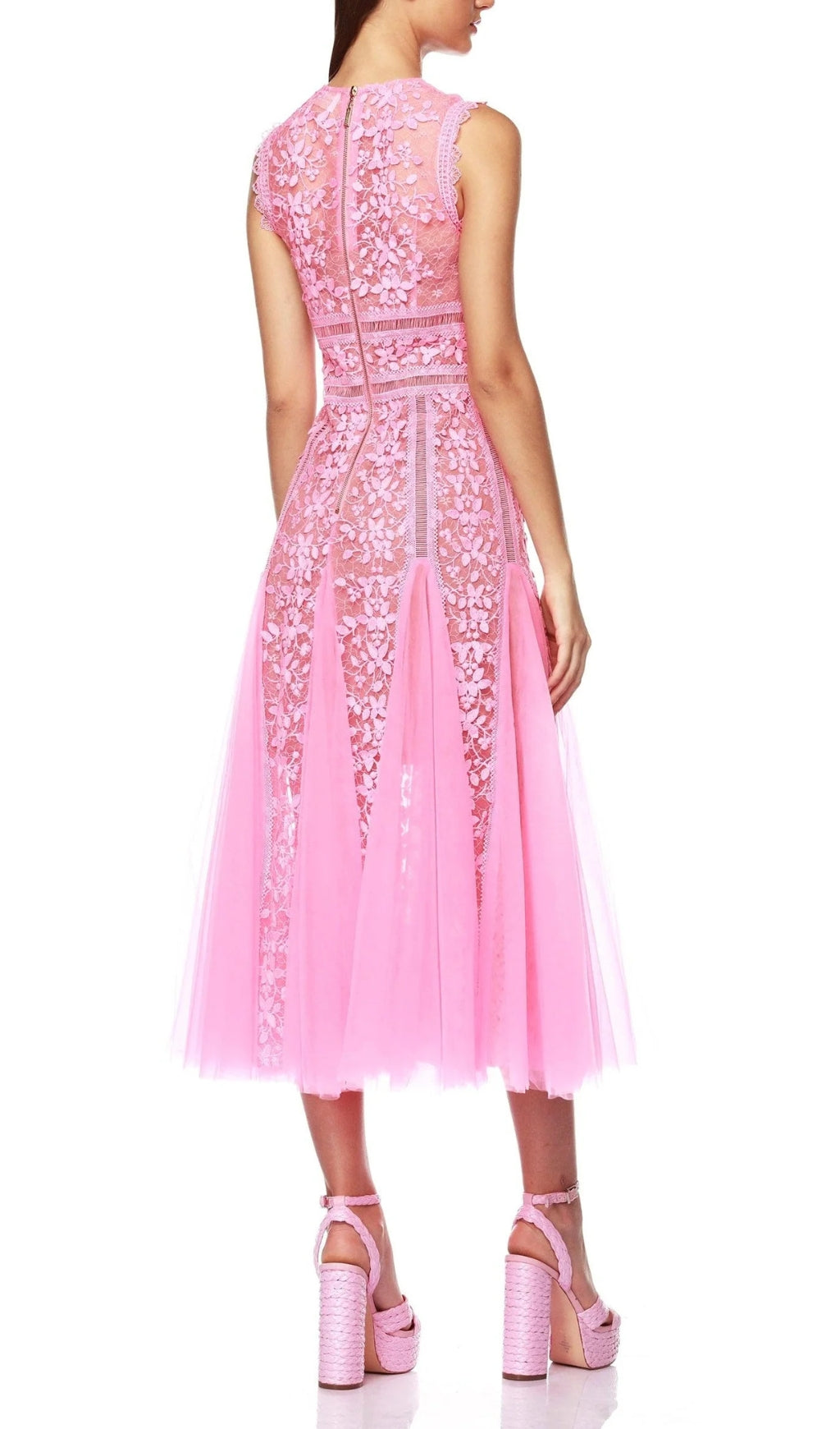 Fashionslee Women Audrianna Pink Embroidery Mesh Midi Dress