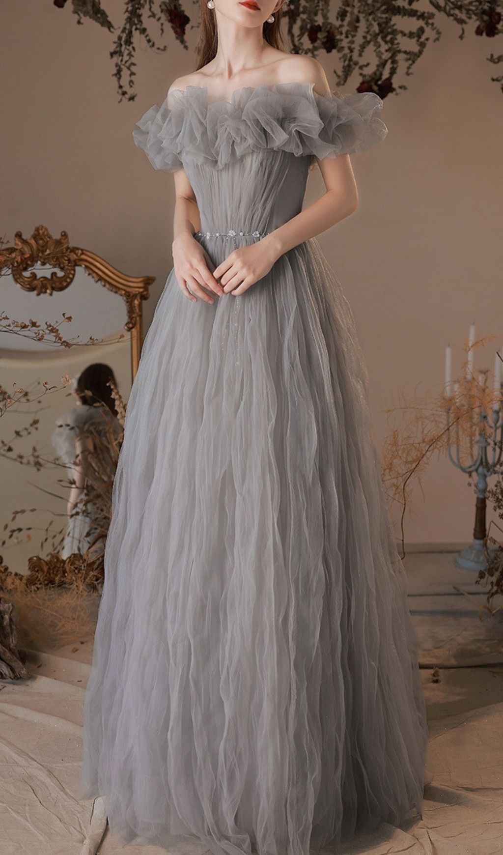 273af892807dcea9f7e6024ea7de63c2.jpg Fashionslee Women Kasey Grey Off-Shoulder Mesh Maxi Dress