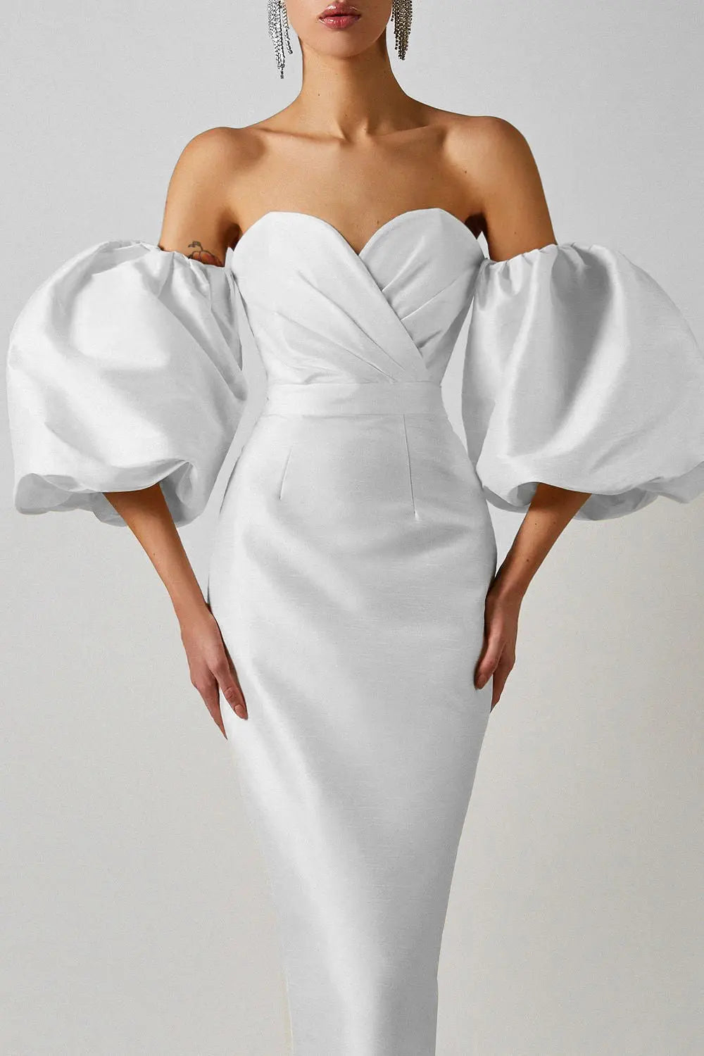 Fashionslee Women Off Shoulder Backless Puff Sleeves Midi Dress