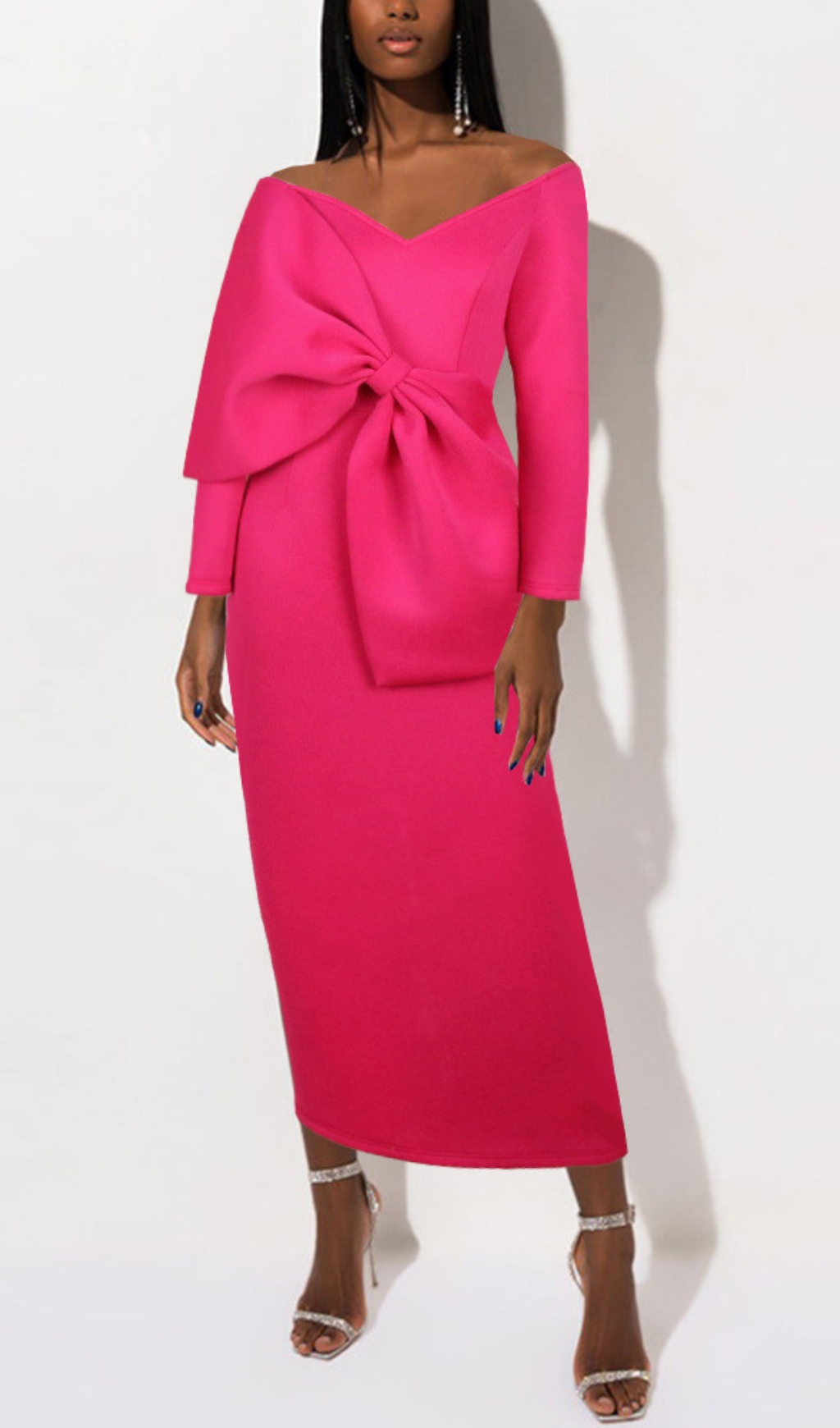 Fashionslee Women Batan Pink Bow Long Sleeve Midi Dress