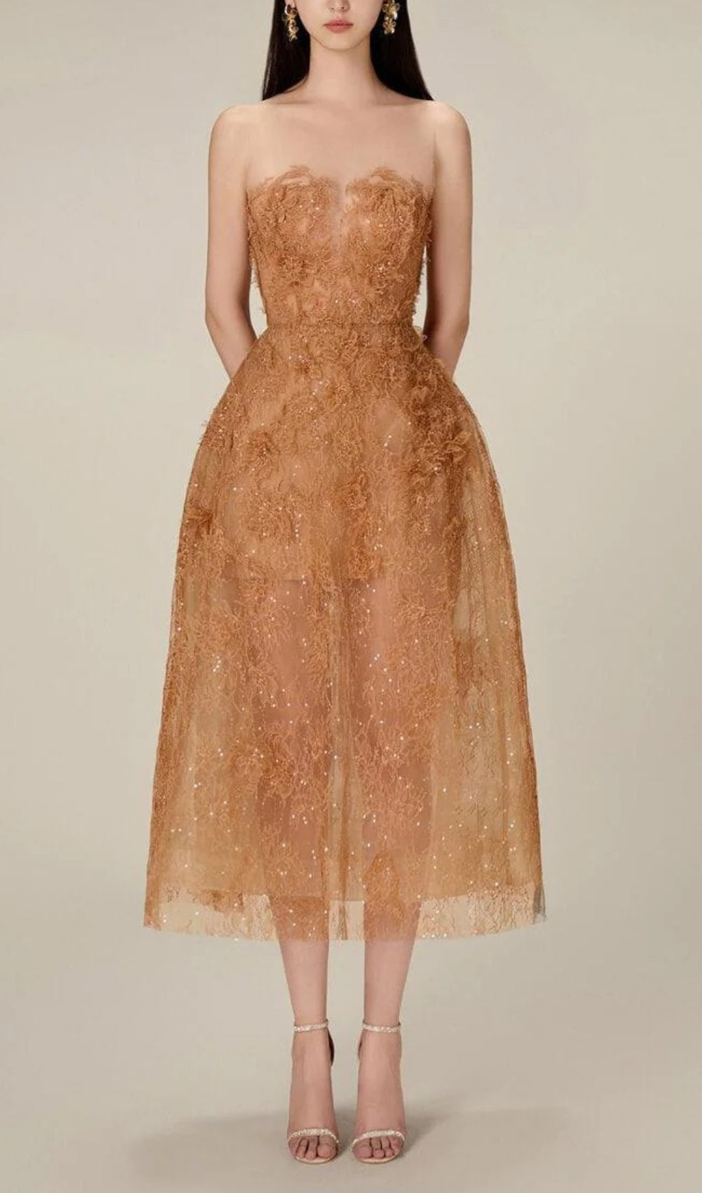 Fashionslee Women Allyson Caramel Floral Lace Embroider Midi Dress