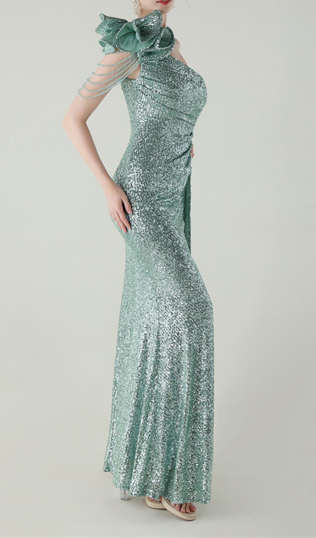 Fashionslee Women Ikia Green One-Shoulder Sequin Maxi Dress