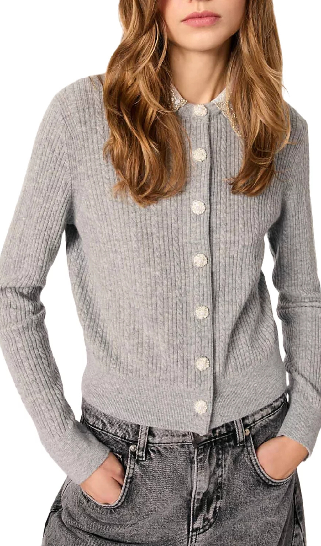 Fashionslee Women Cardigan With Jewelry Collar