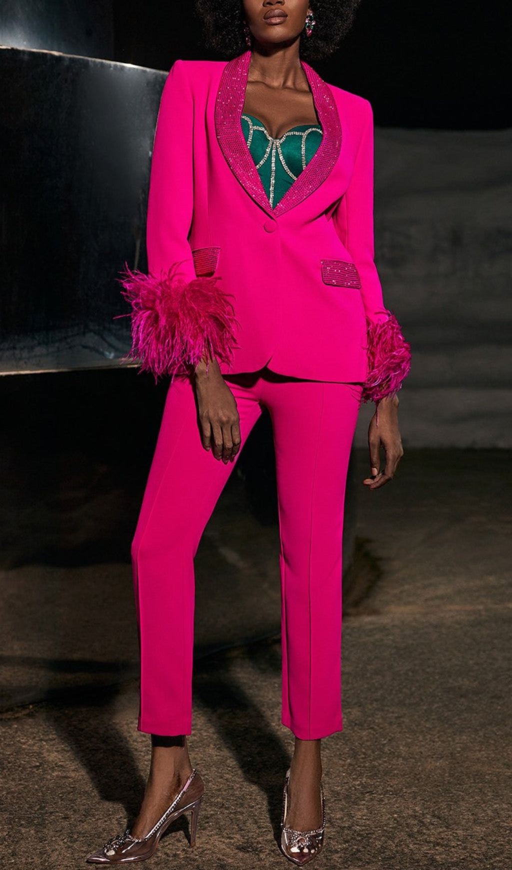 Fashionslee Women Rhinestone Feather Blazer In Pink
