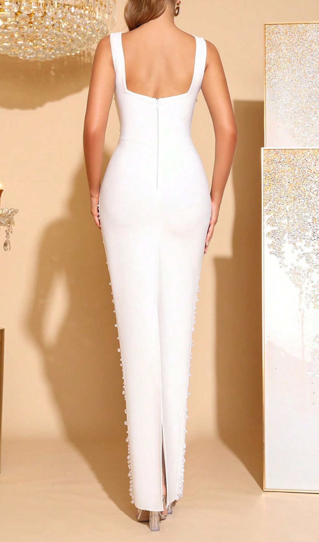Fashionslee Women Habiba White Beaded Flower Bandage Maxi Dress