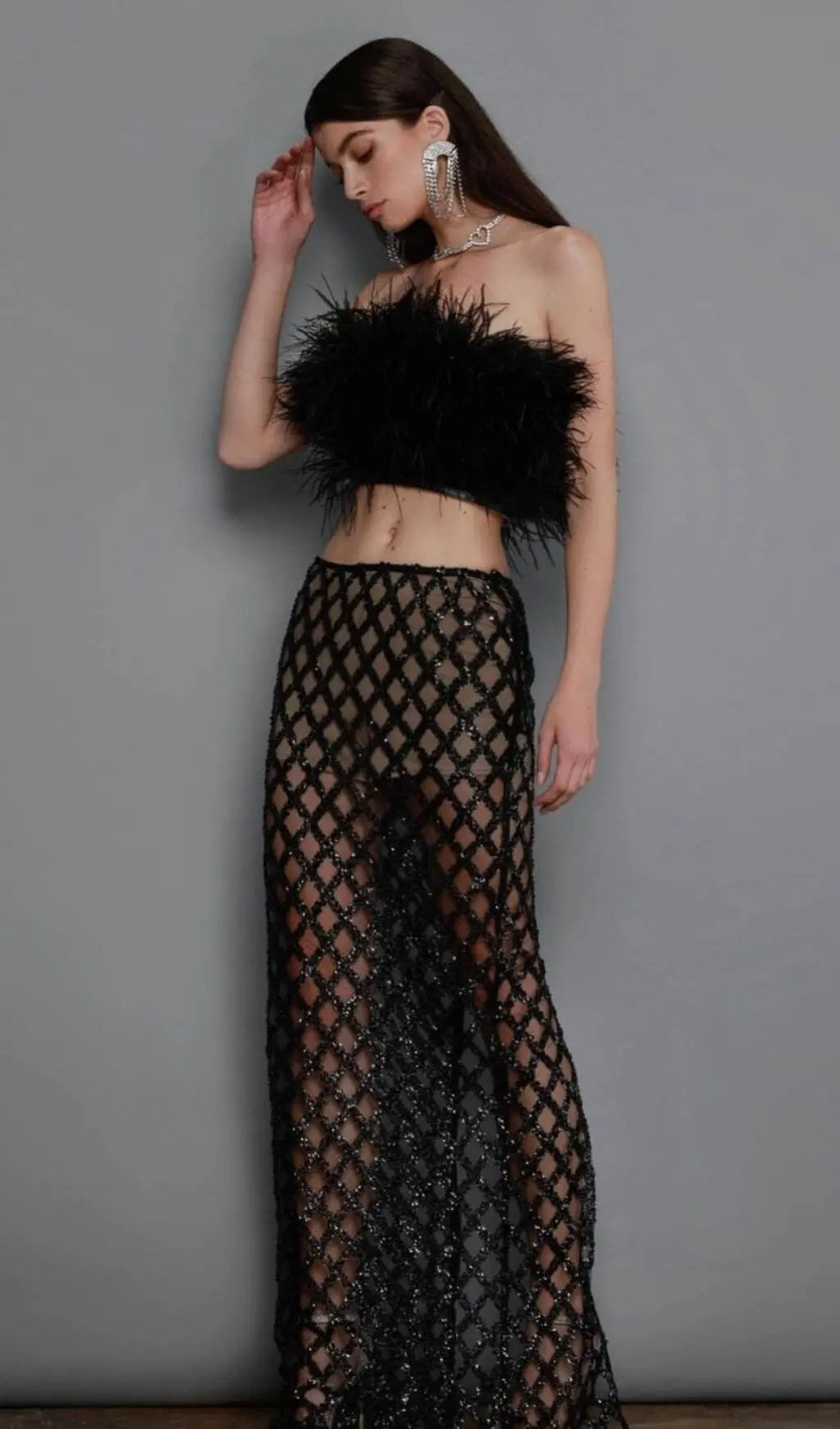 Fashionslee Women Feather Sequin Two Piece Set In Black