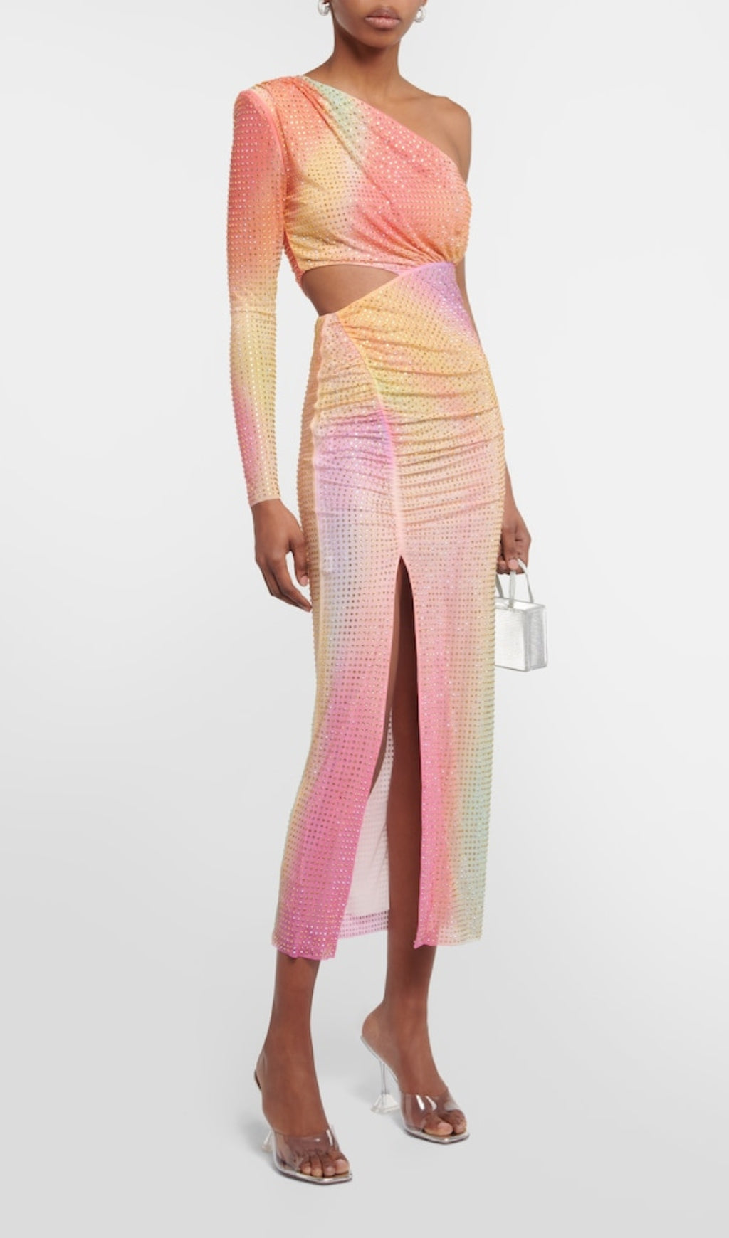Fashionslee Women Mesh Rhinestone One Shoulder Midi Dress In Cotton Candy