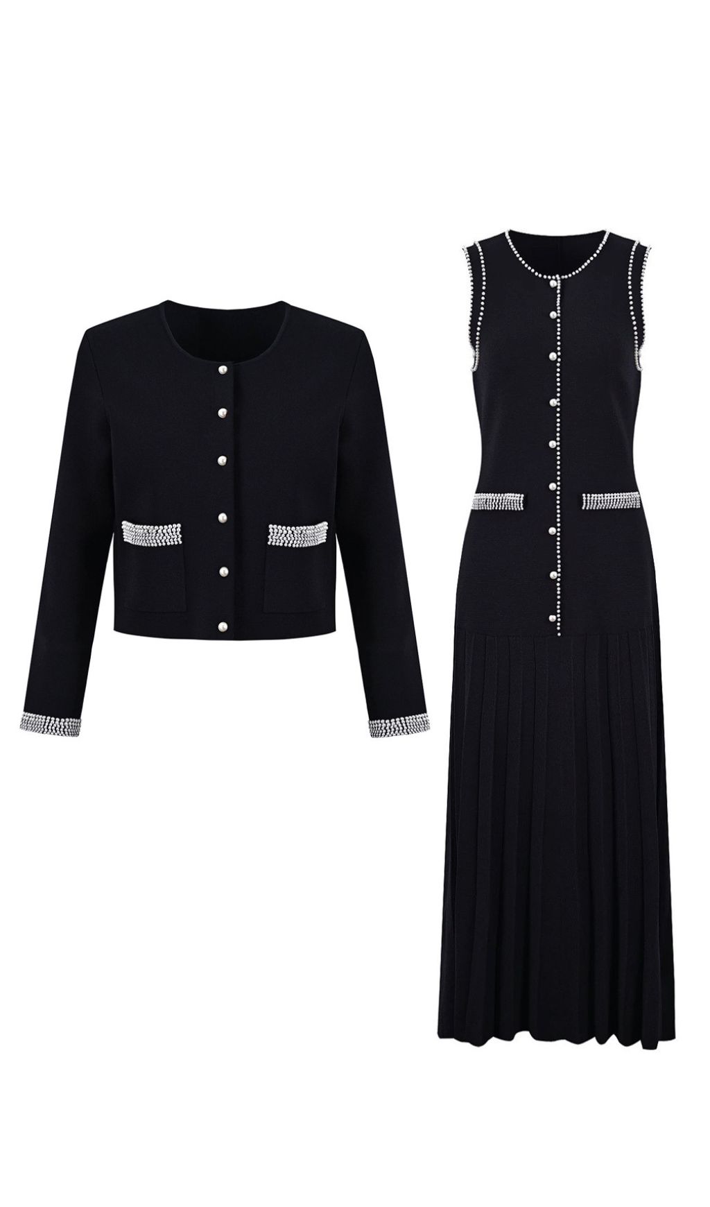 Fashionslee Women Fatin Black Knit Beaded Cardigan & Midi Dress