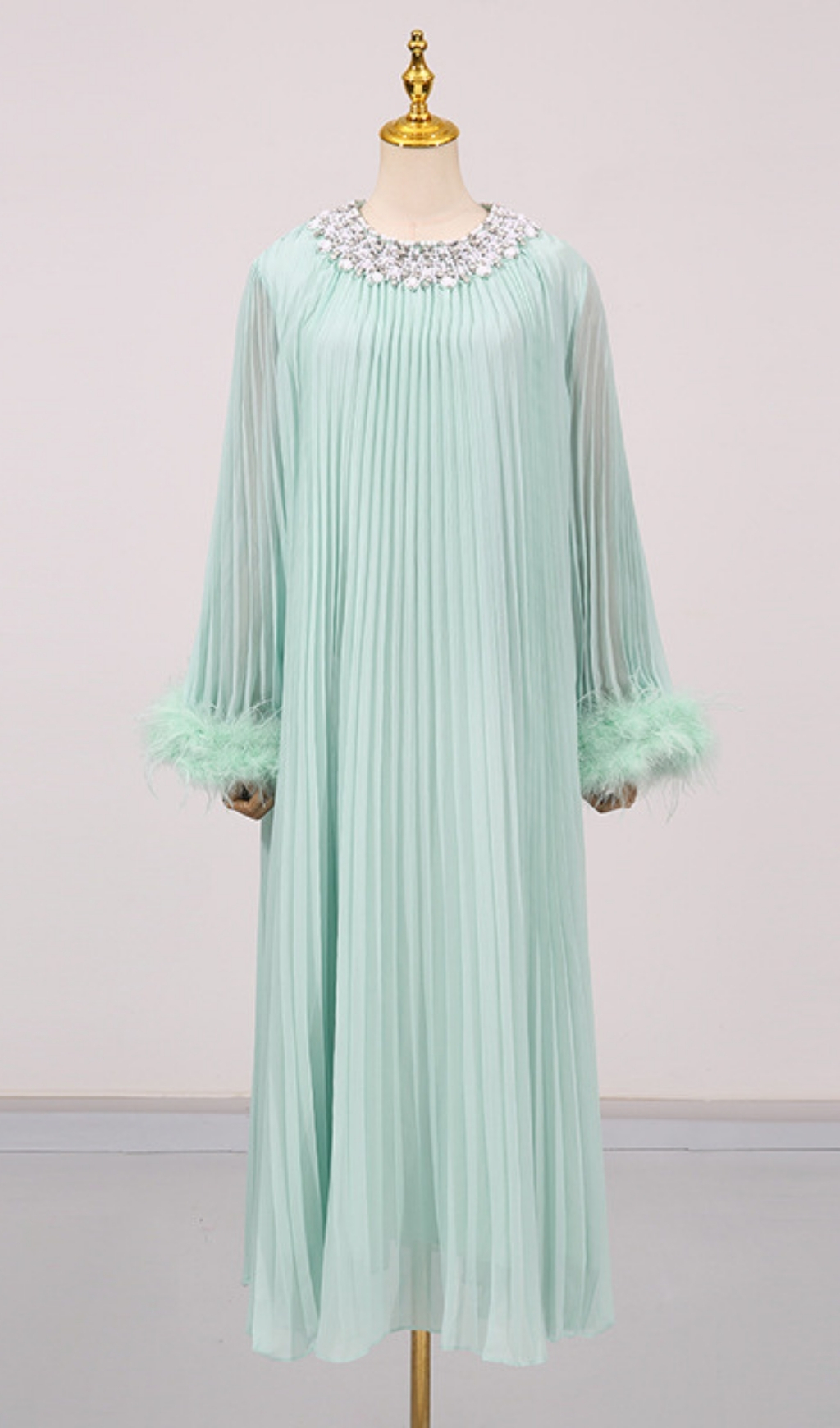 284500605179c0691f544f337e2ae877.jpg Fashionslee Women Felipe Embellished Feather Pleated Maxi Dress