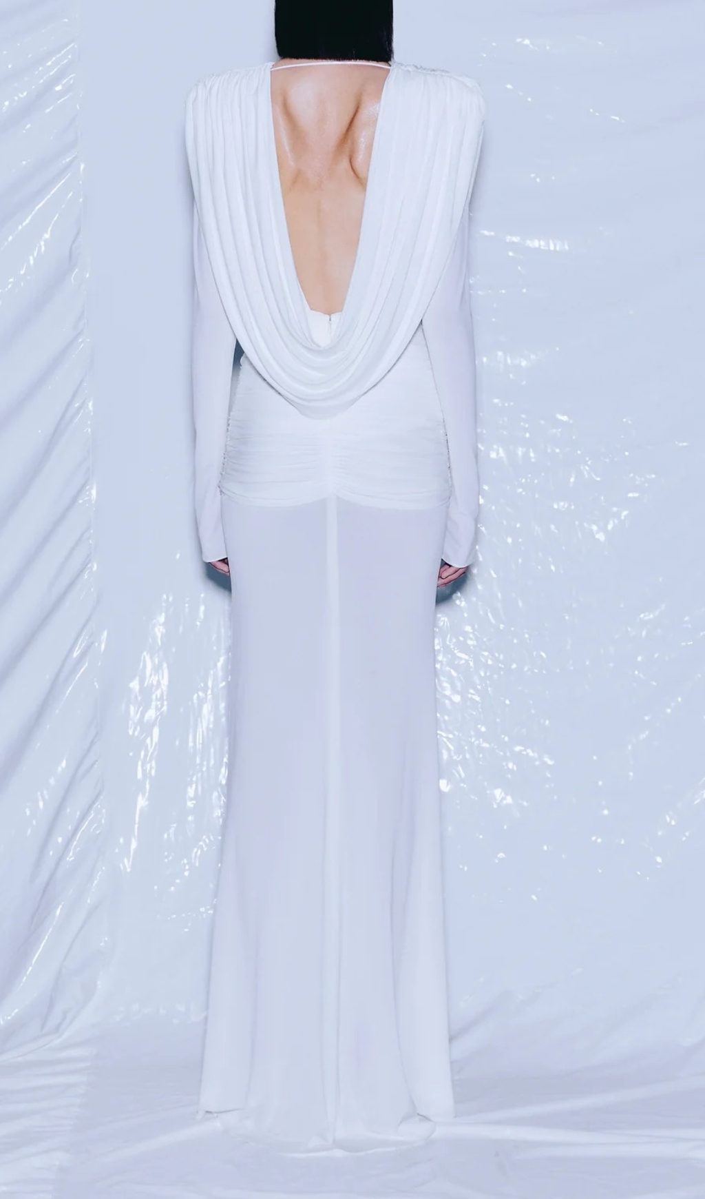 Fashionslee Women White Long Sleeve Draped Backless Maxi Dress