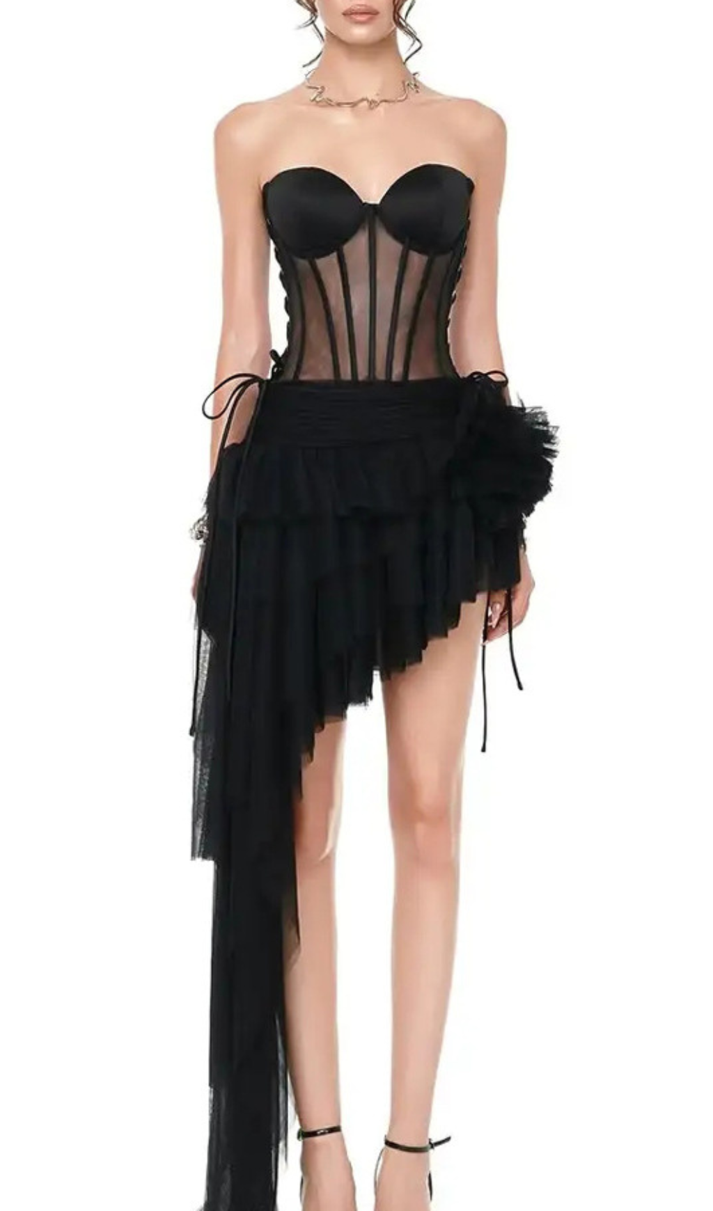 Fashionslee Women Gaetana Black Corset Top & Irregular Mesh Skirt Set