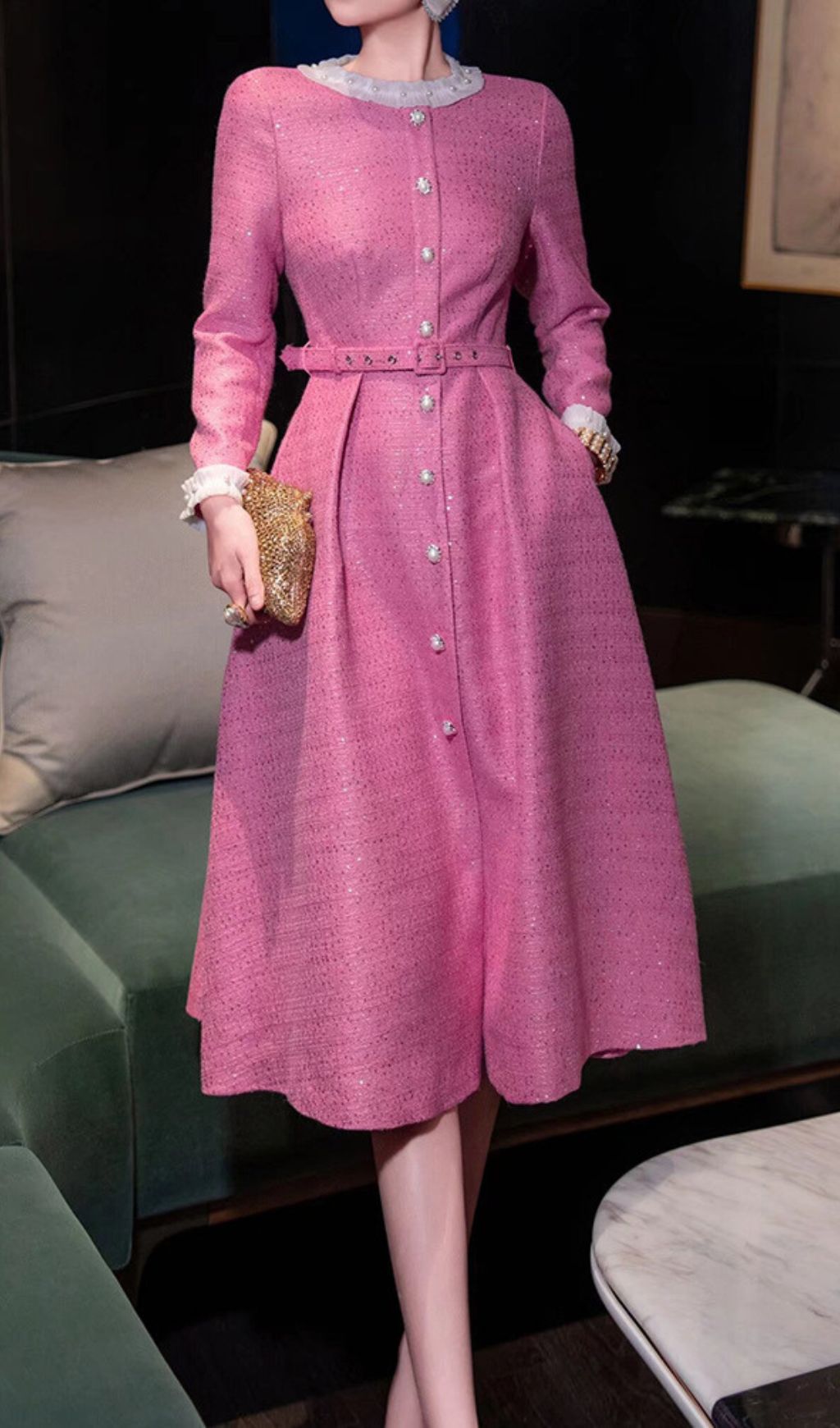 Fashionslee Women Hong Pink Long Sleeve Midi Dress