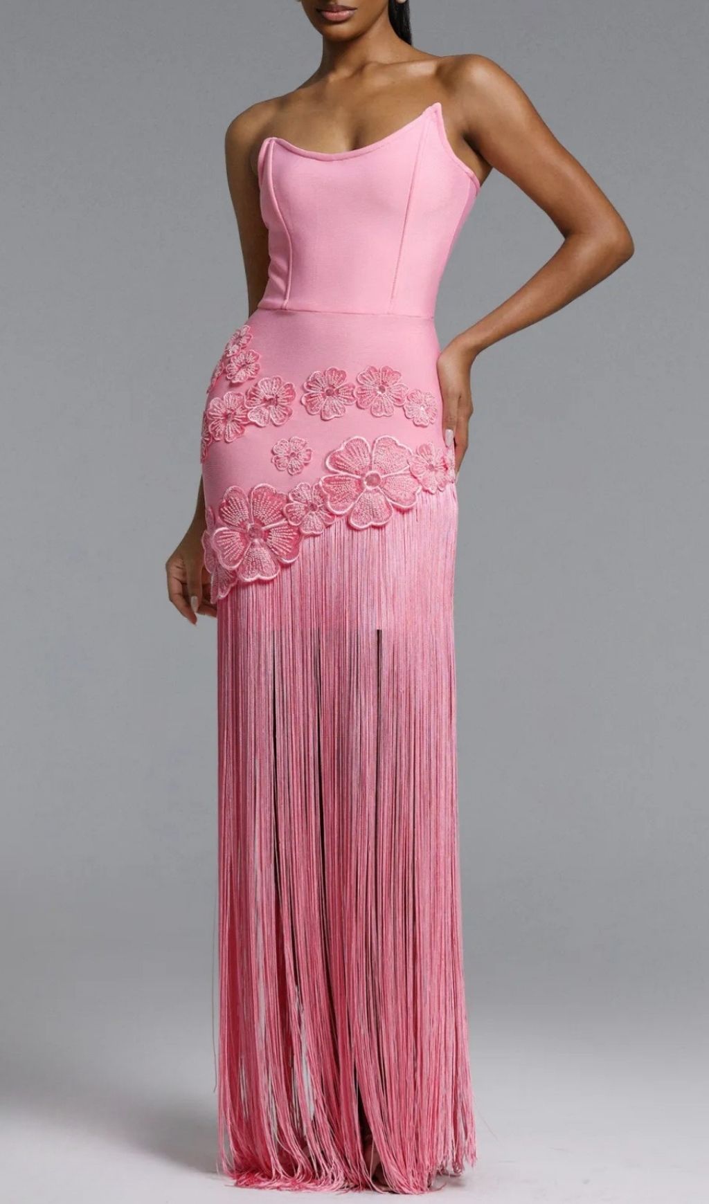 Fashionslee Women Koa Pink Strapless Flower Tassel Bandage Maxi Dress