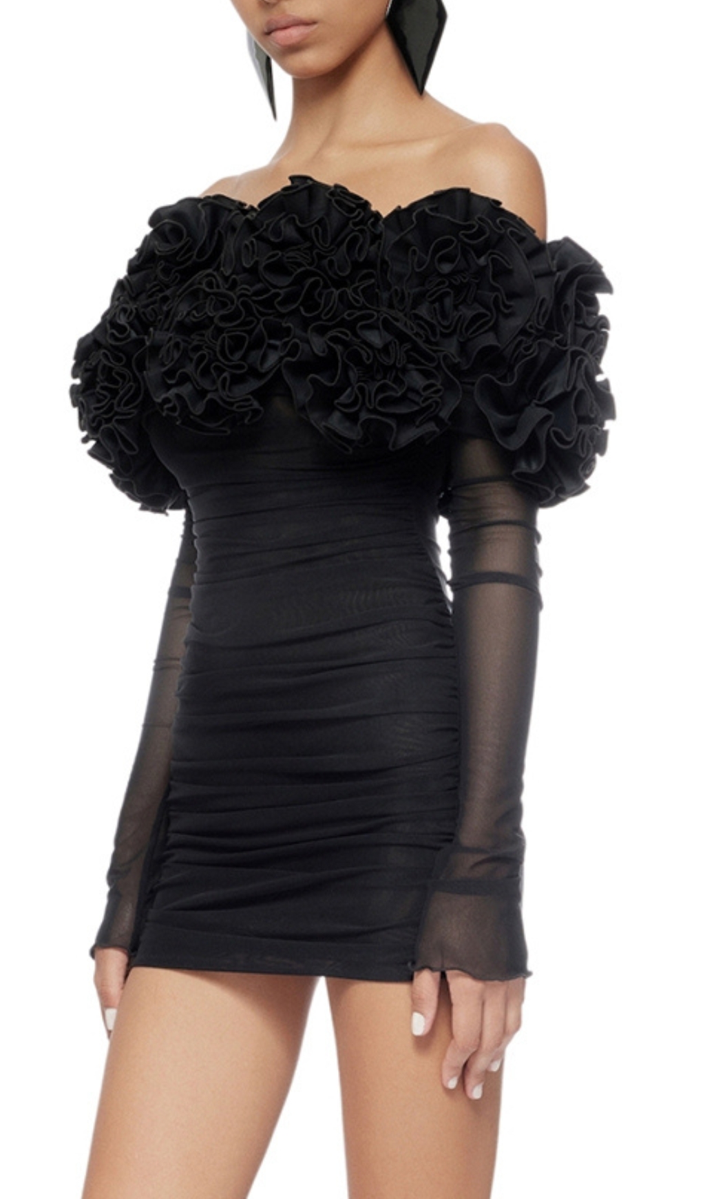 28f92257d1944793a7fc006f4b36a8aa.jpg Fashionslee Women Bard Black Long Sleeve Flower Mini Dress